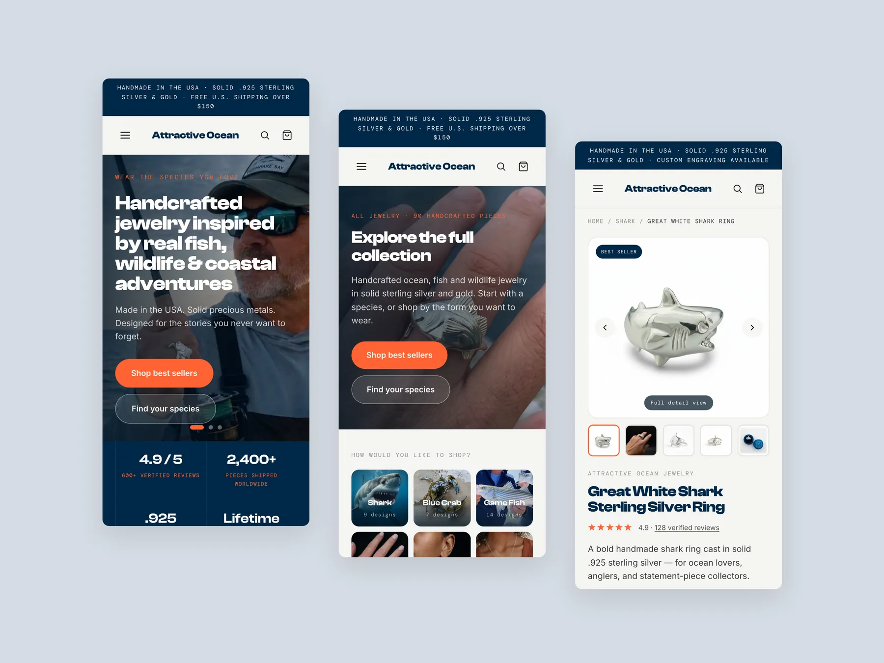 Ocean Jewellery concept redesign: Three phone screens: home, collection, product
