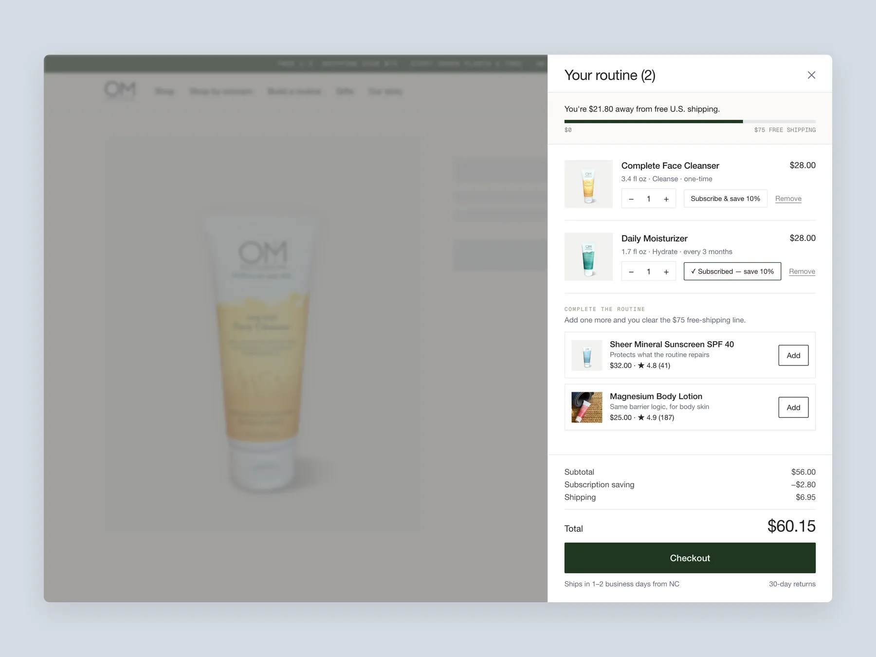 OM Botanical concept redesign: Bag slide over open over the page, whole screen