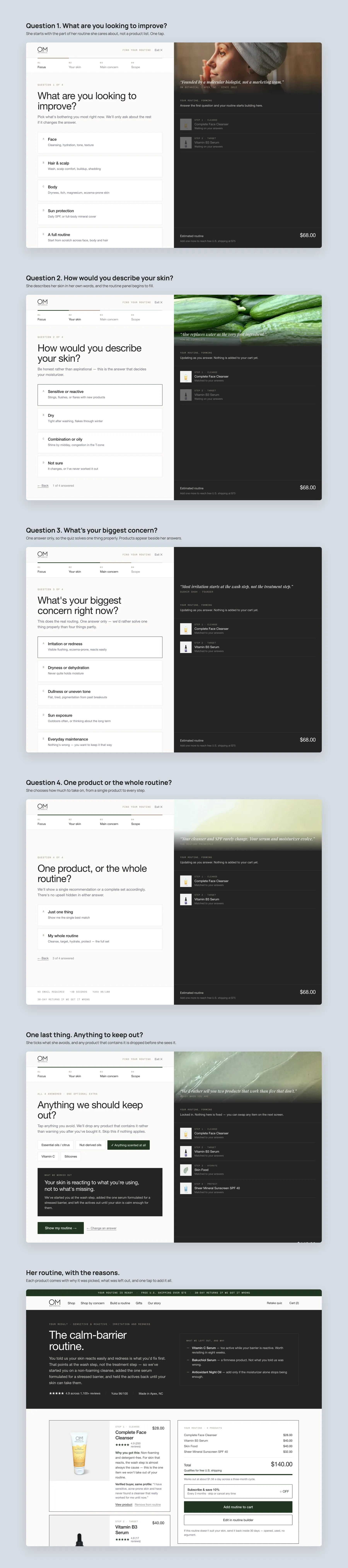 OM Botanical concept redesign: Find Your Routine quiz, step by step