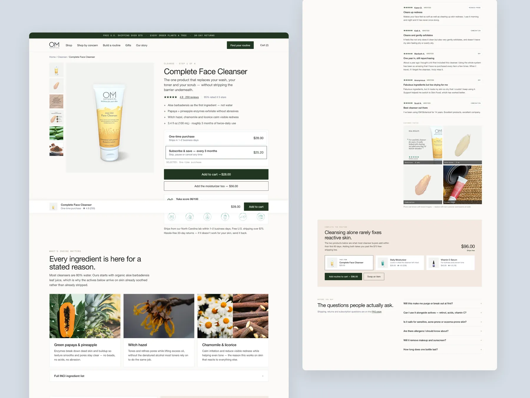 OM Botanical concept redesign: Product page, two tall columns