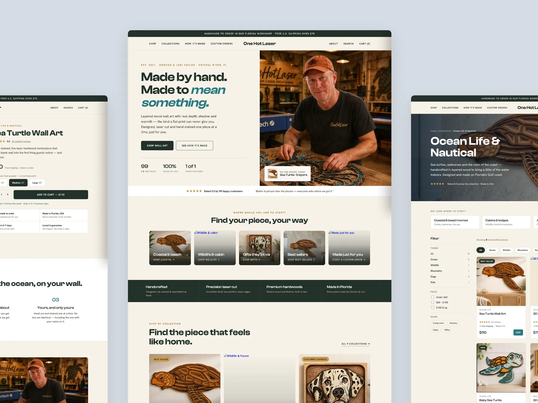 One Hot Laser concept redesign: Homepage centre, product left, collection right