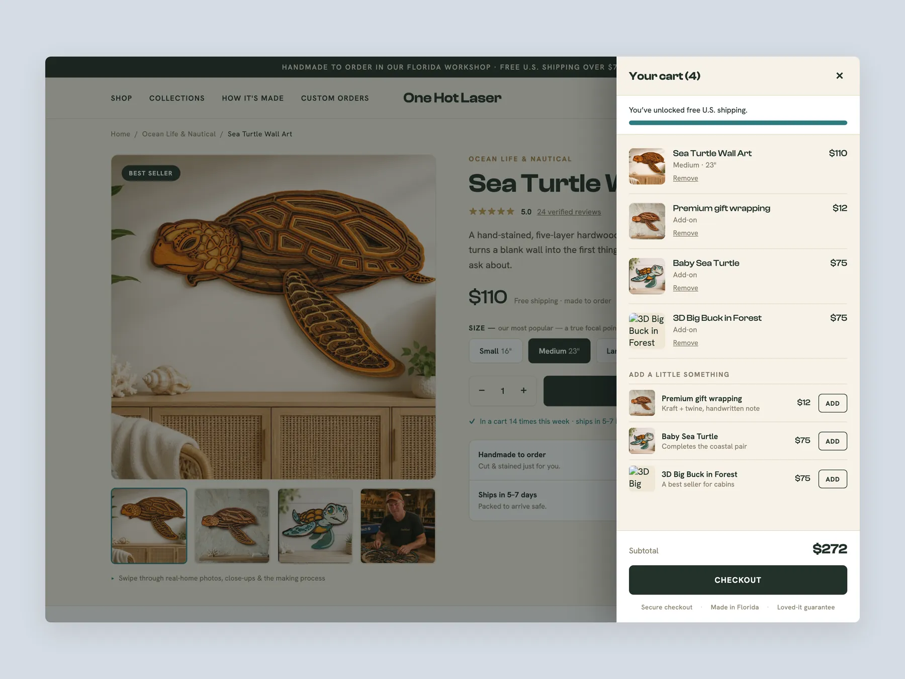 One Hot Laser concept redesign: Bag slide over open over the product page, whole screen