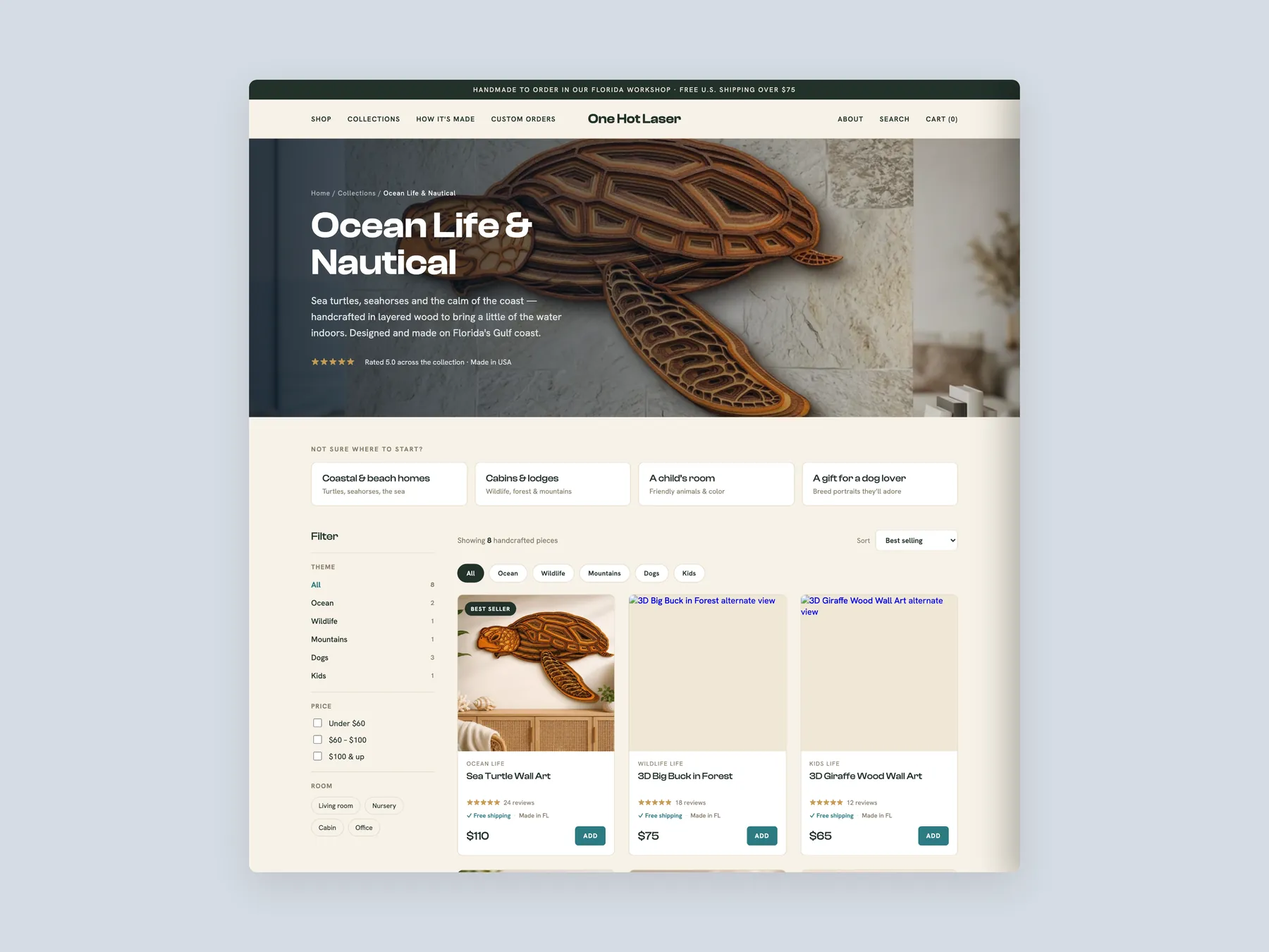One Hot Laser concept redesign: Collection page first screen: header, filters, first row