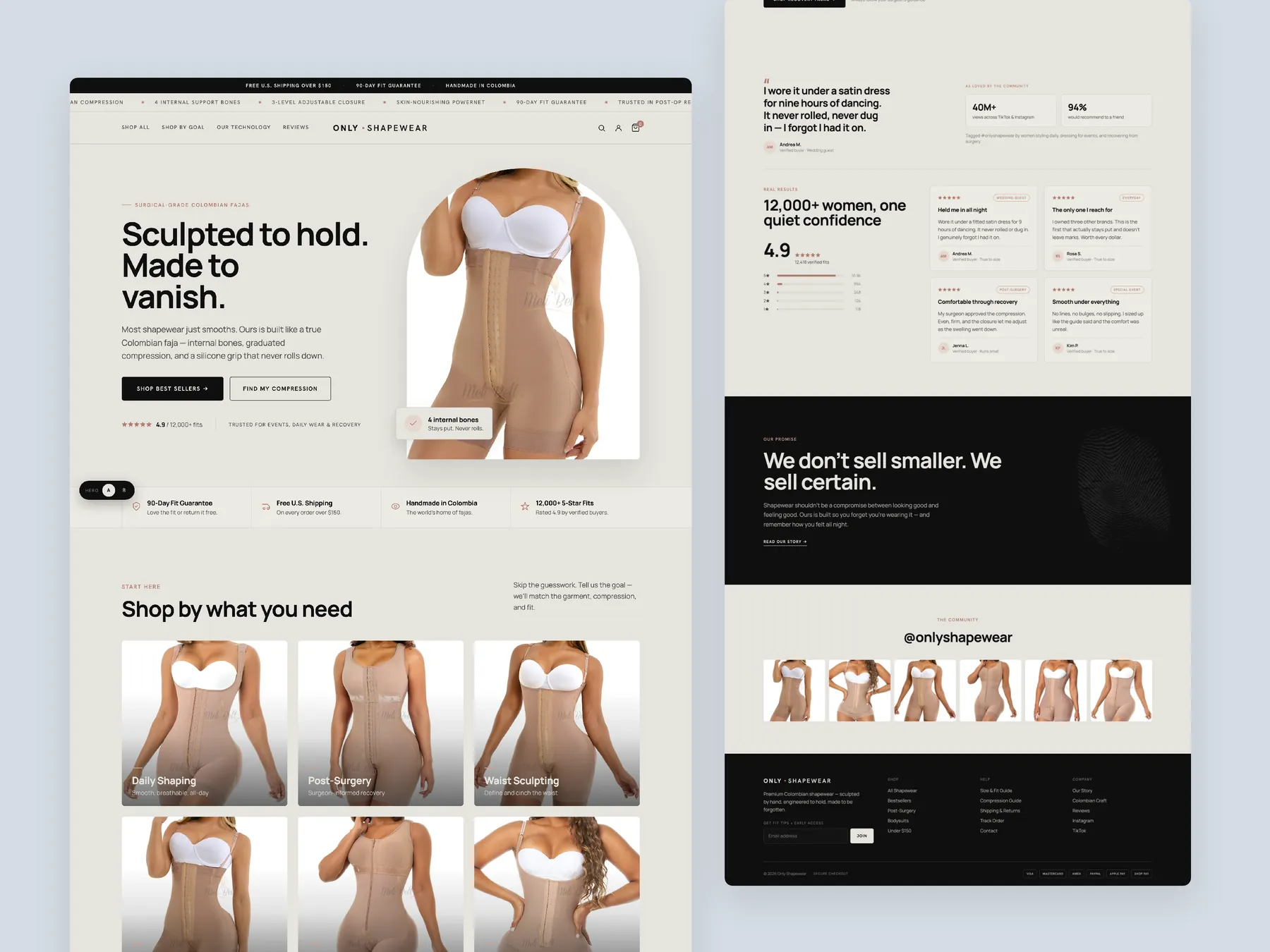 Only Shapewear concept redesign: Homepage, two tall columns