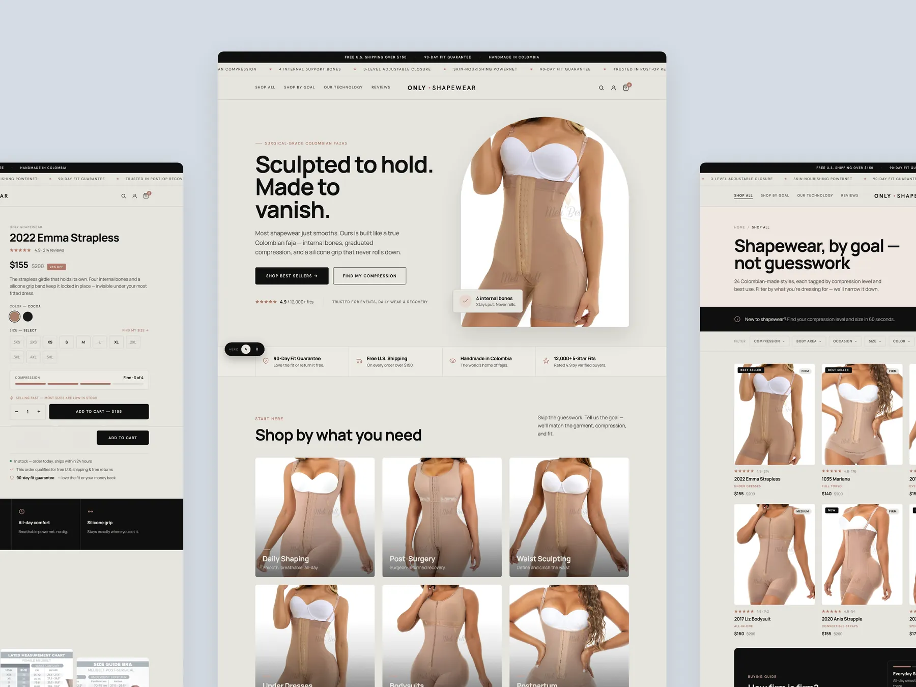 Only Shapewear concept redesign: Homepage centre, product left, collection right