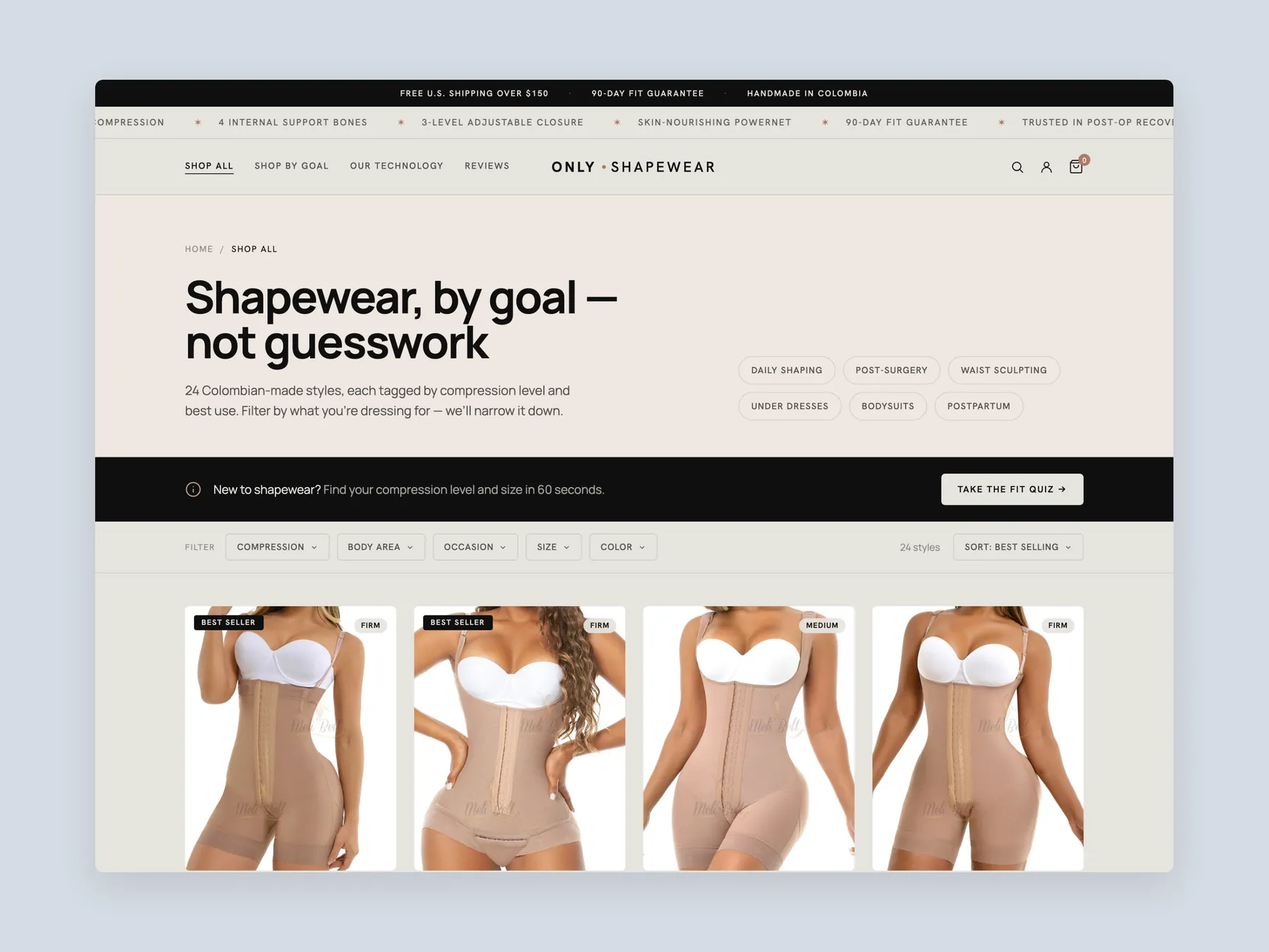Only Shapewear concept redesign: Collection page first screen: header, filters, first row