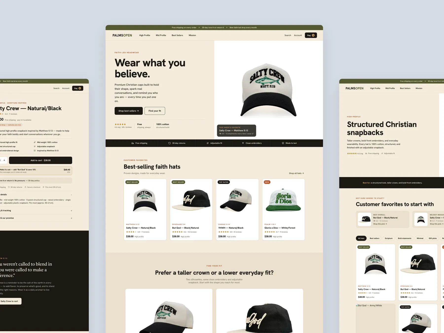 Palms Open concept redesign: Homepage centre, product left, collection right