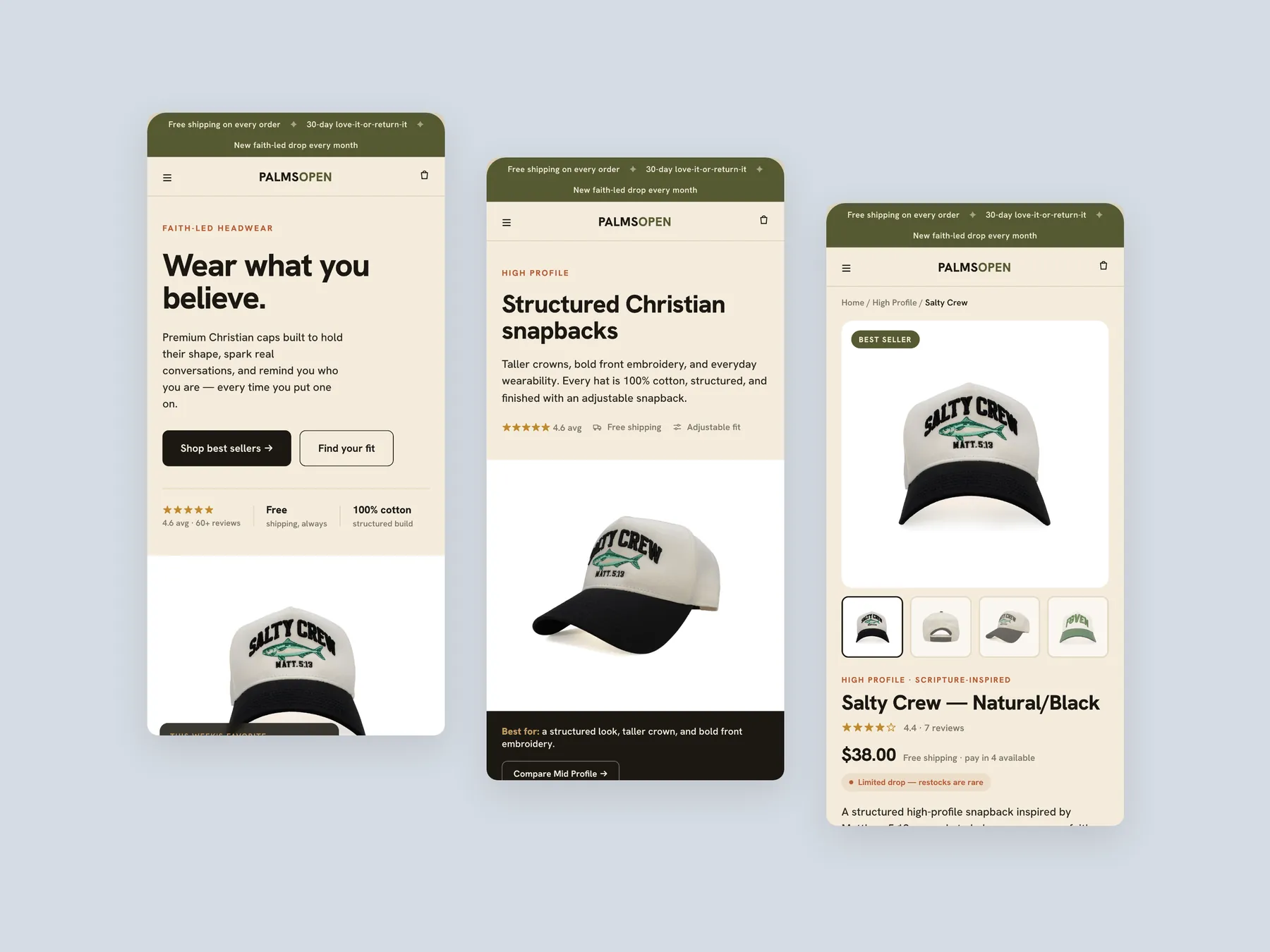Palms Open concept redesign: Three phone screens: home, collection, product