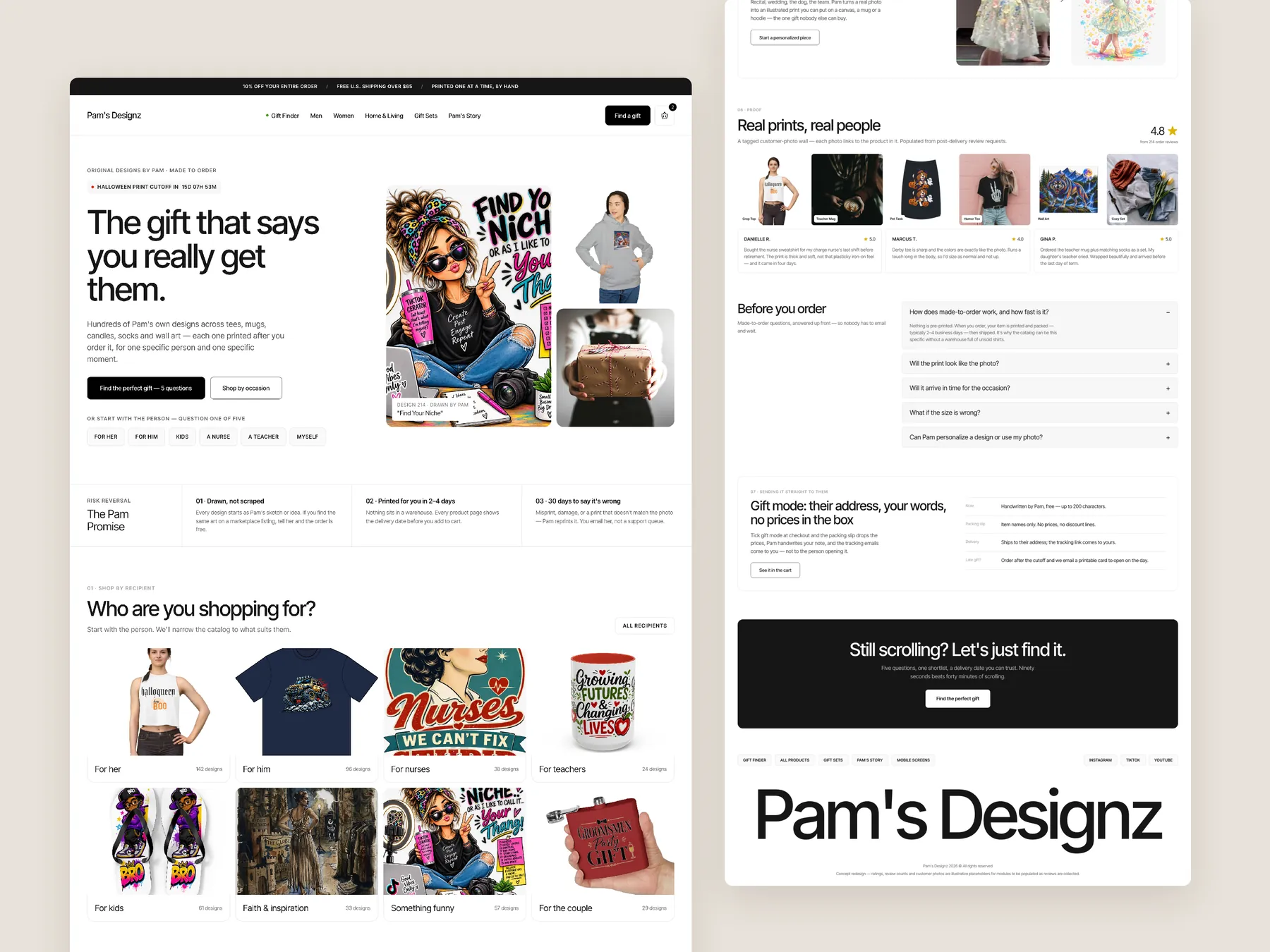 Pam's Designz concept redesign: Homepage, two tall columns