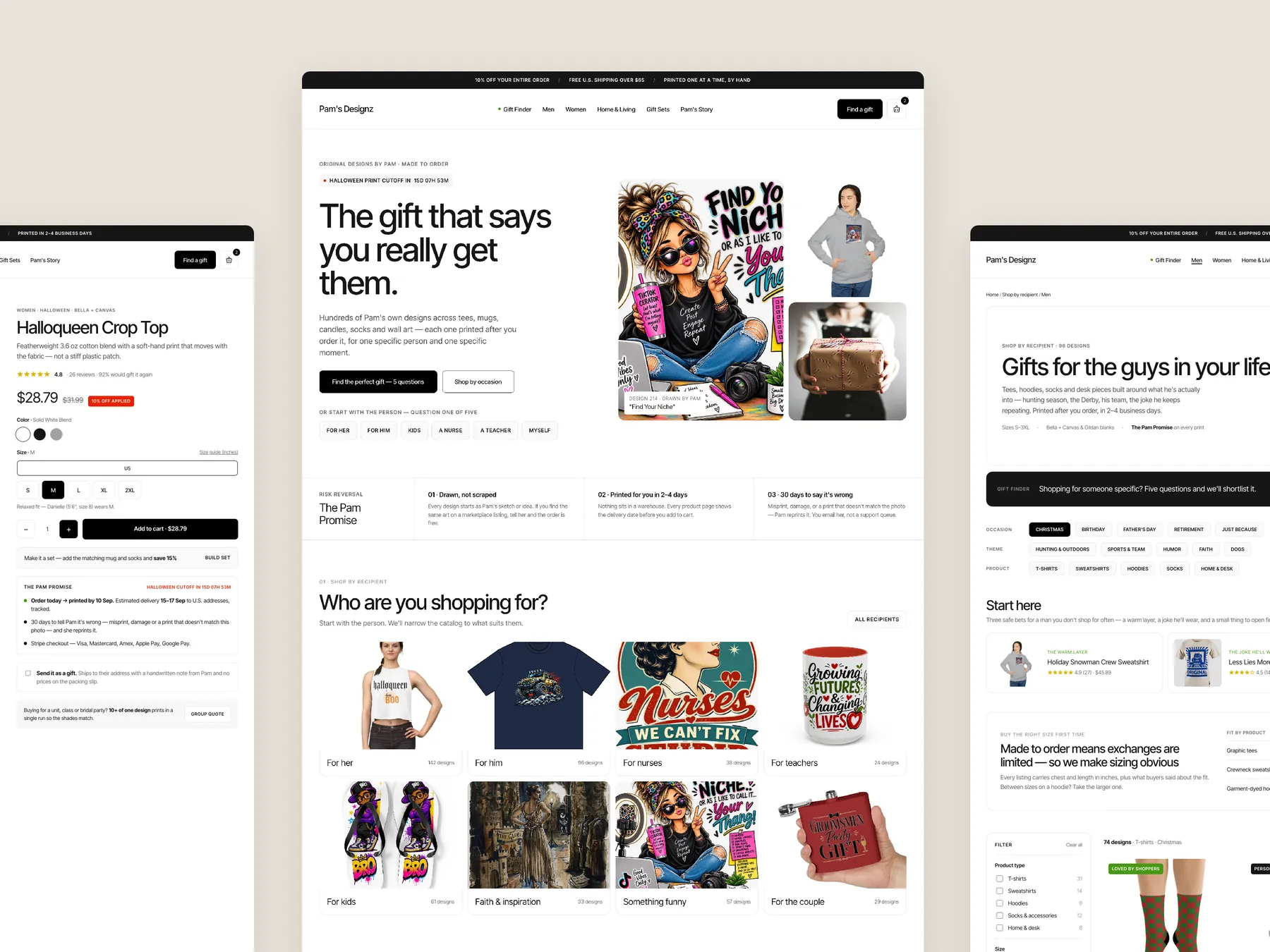 Pam's Designz concept redesign: Homepage centre, product left, collection right