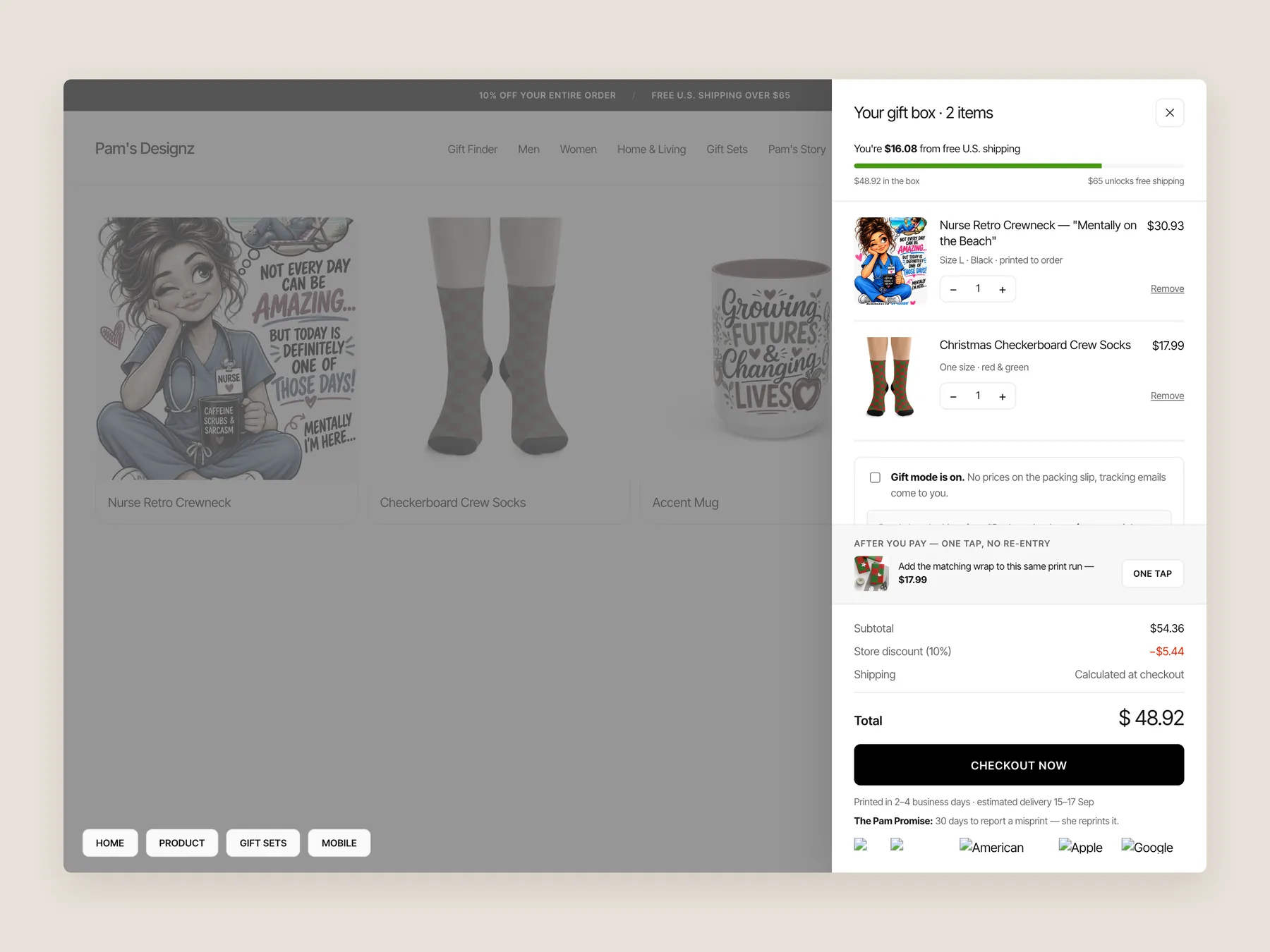 Pam's Designz concept redesign: Cart slide over open over the store, whole screen