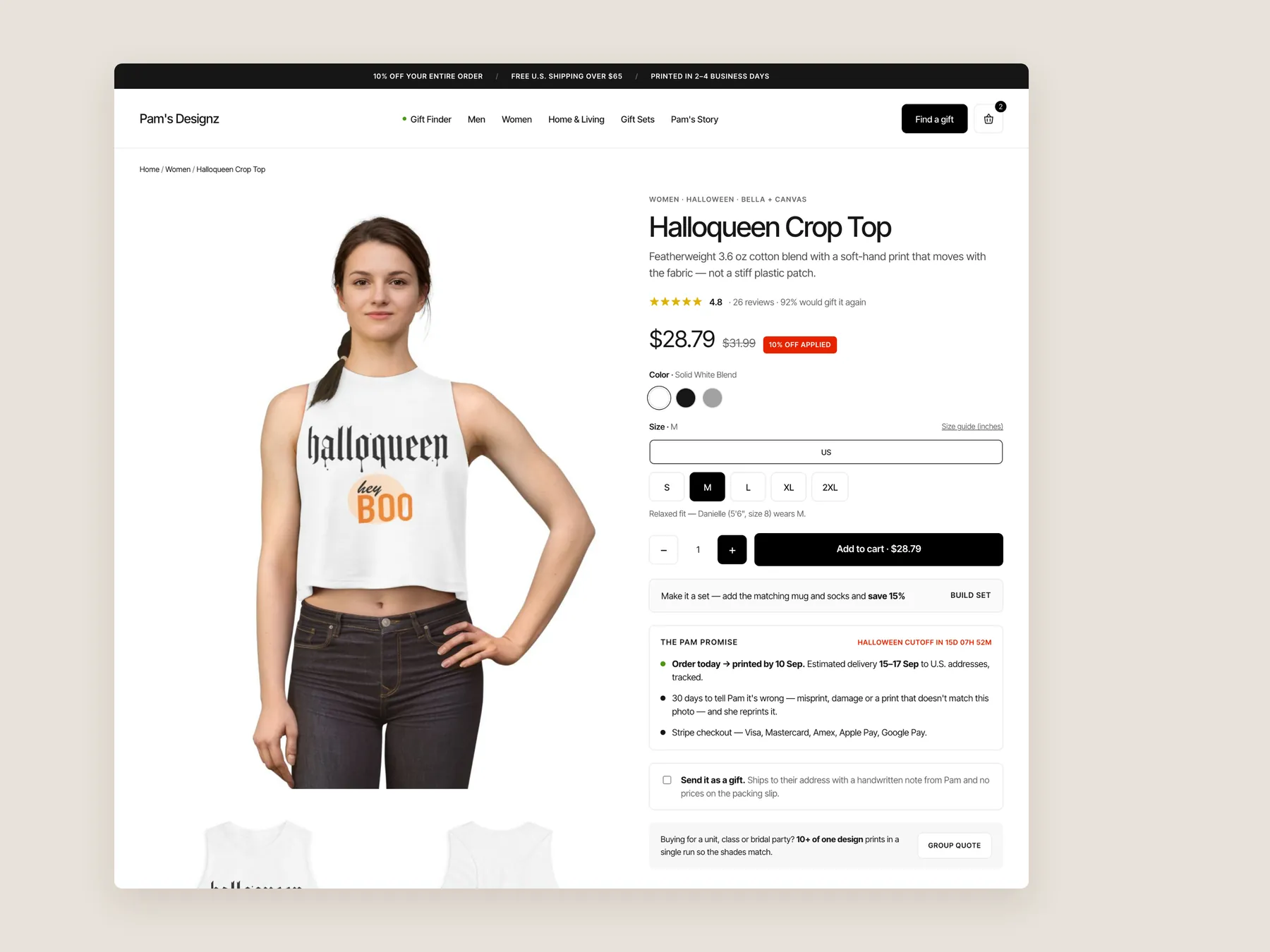 Pam's Designz concept redesign: Product page first screen: header and buy box