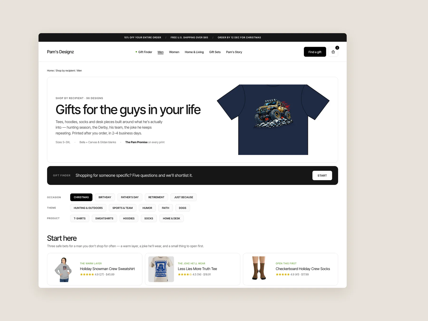 Pam's Designz concept redesign: Collection page first screen: header, banner, curated row