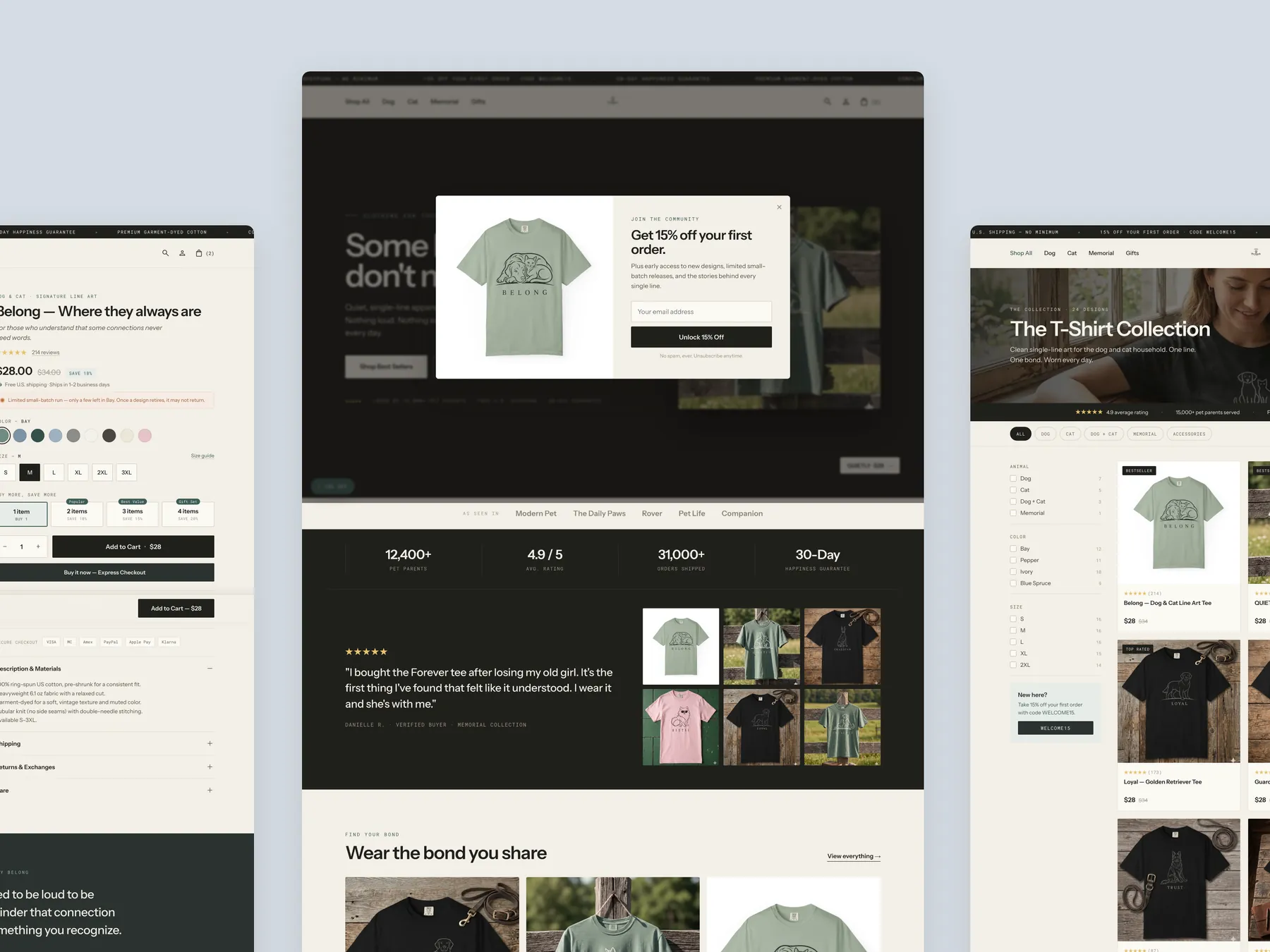 Paw Signals concept redesign: Homepage centre, product left, collection right