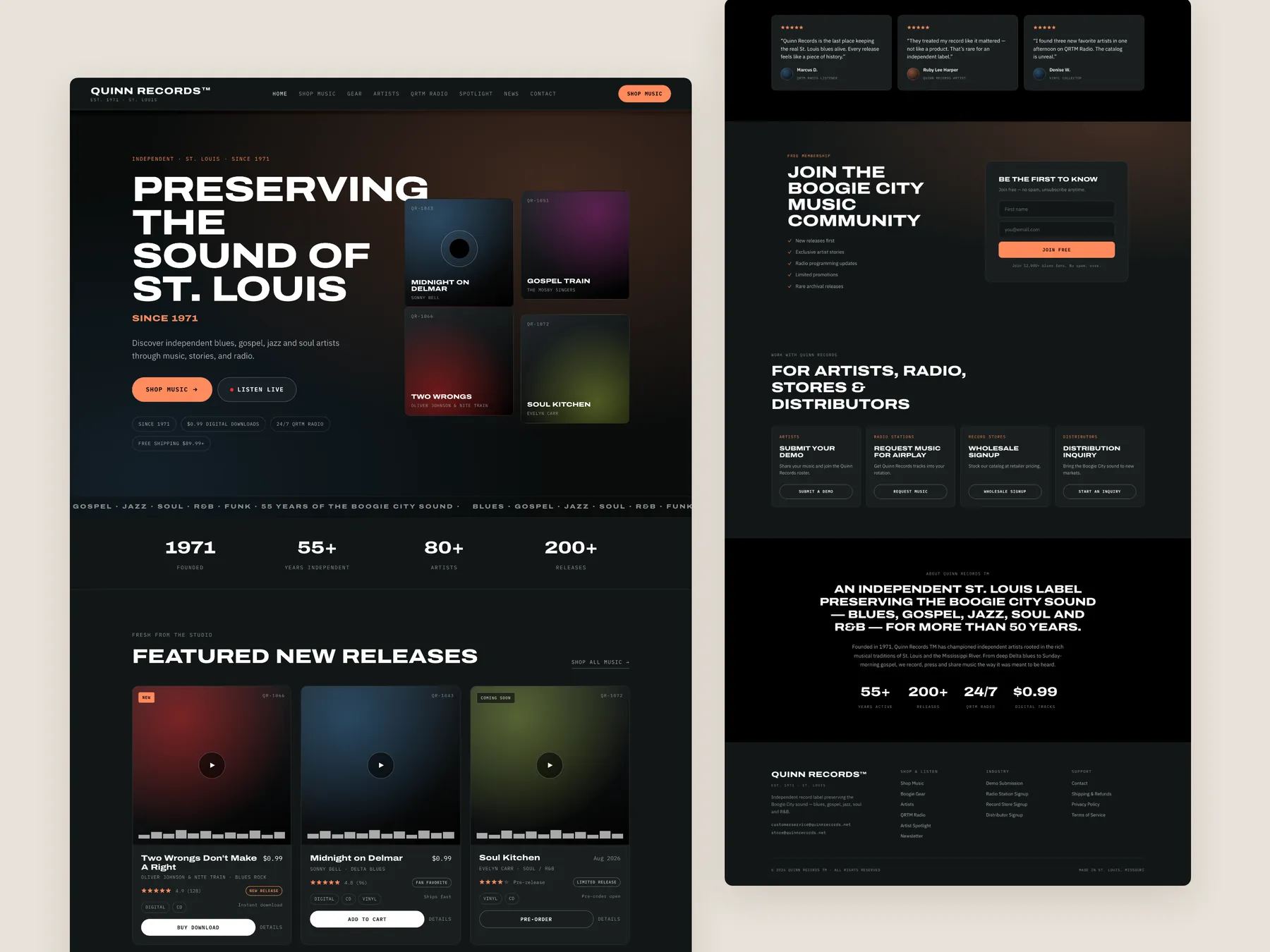 Quinn Records concept redesign: Homepage, two tall columns