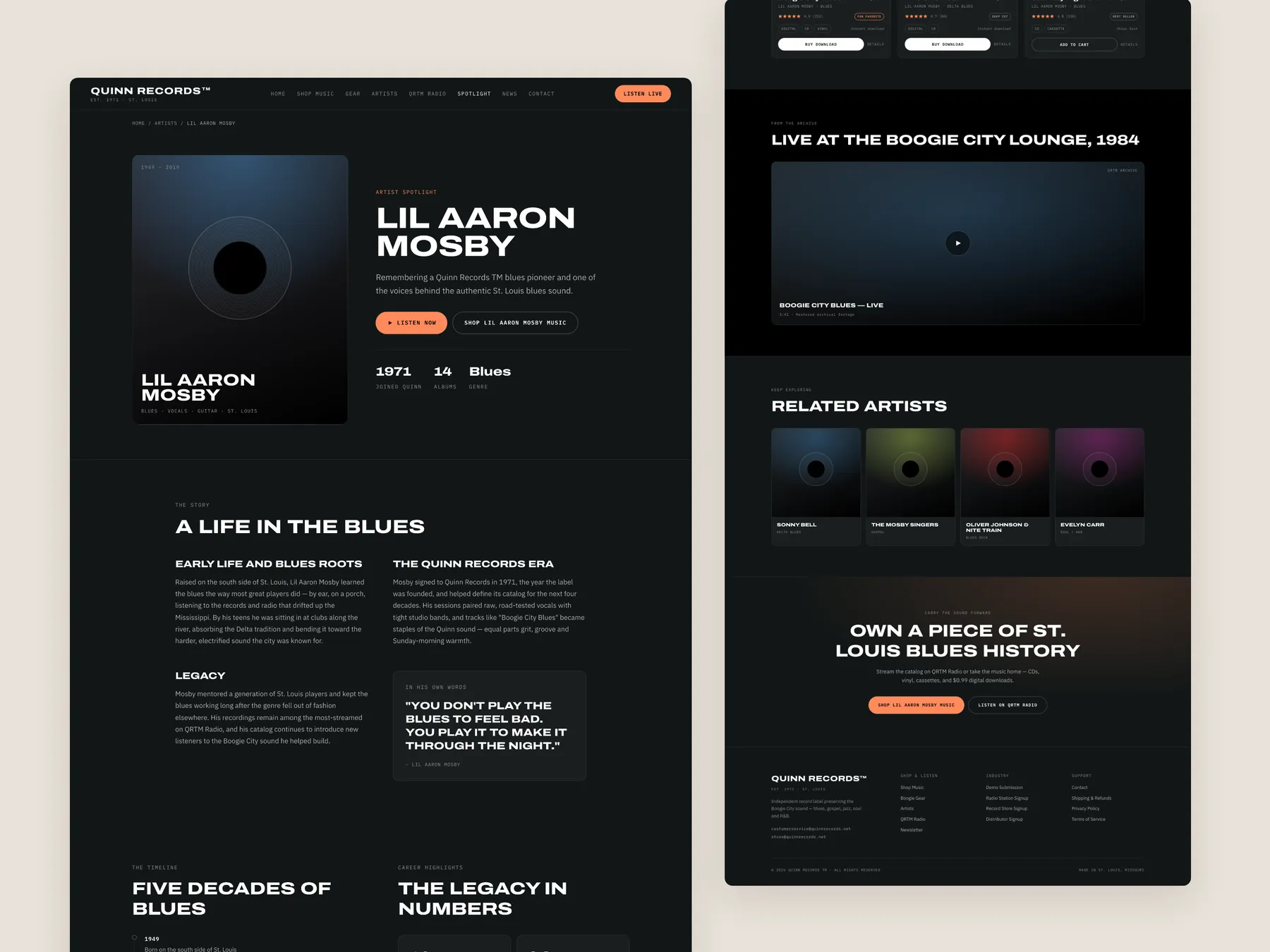 Quinn Records concept redesign: Artist page, two tall columns