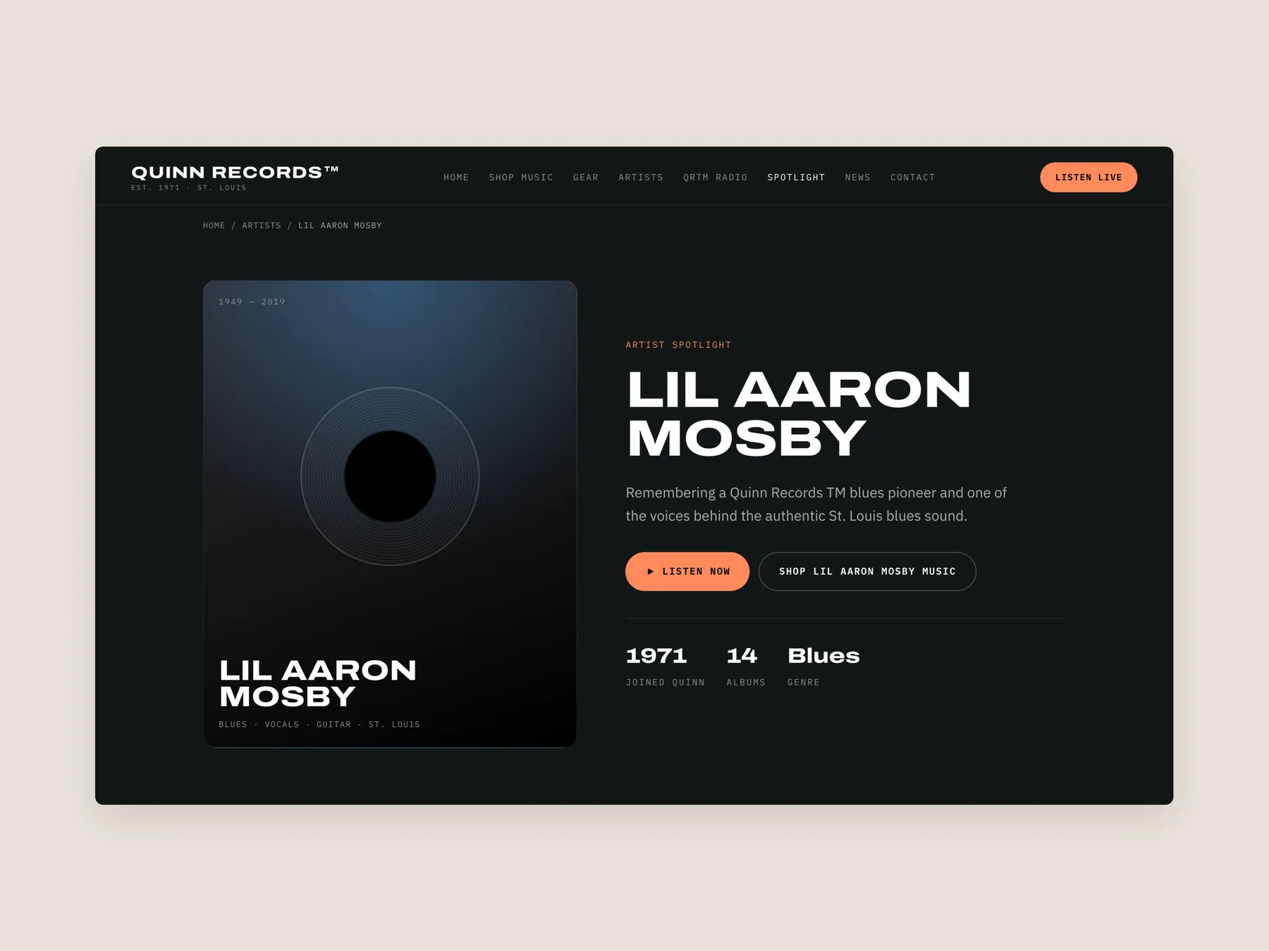 Quinn Records concept redesign: Artist page first screen: header and hero