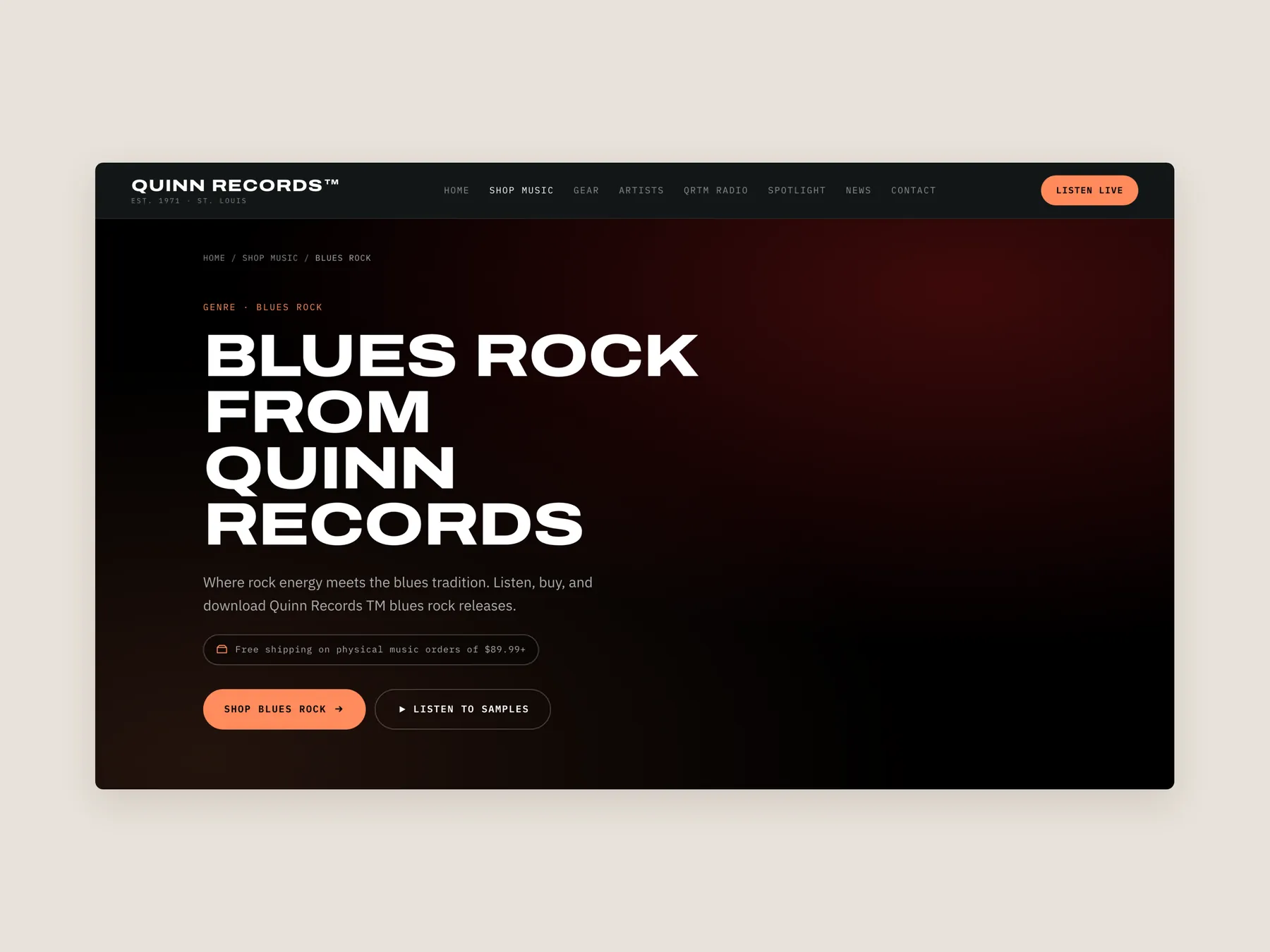 Quinn Records concept redesign: Collection page first screen: header and hero