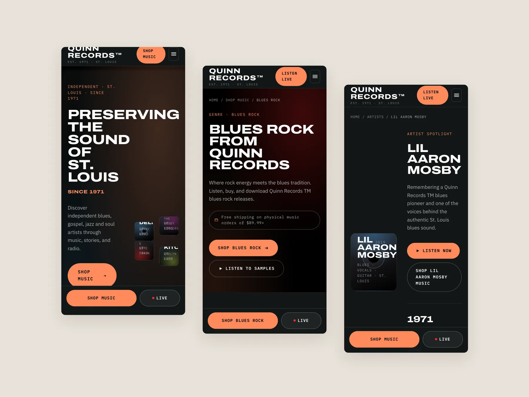 Quinn Records concept redesign: Three phone screens: home, collection, artist
