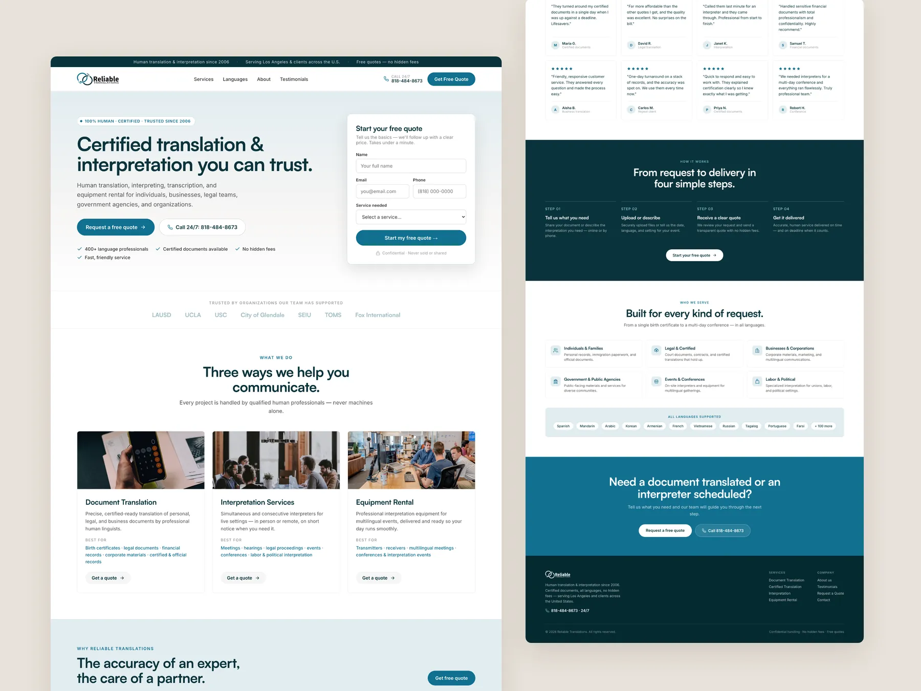 Reliable Translations concept redesign: Homepage, two tall columns