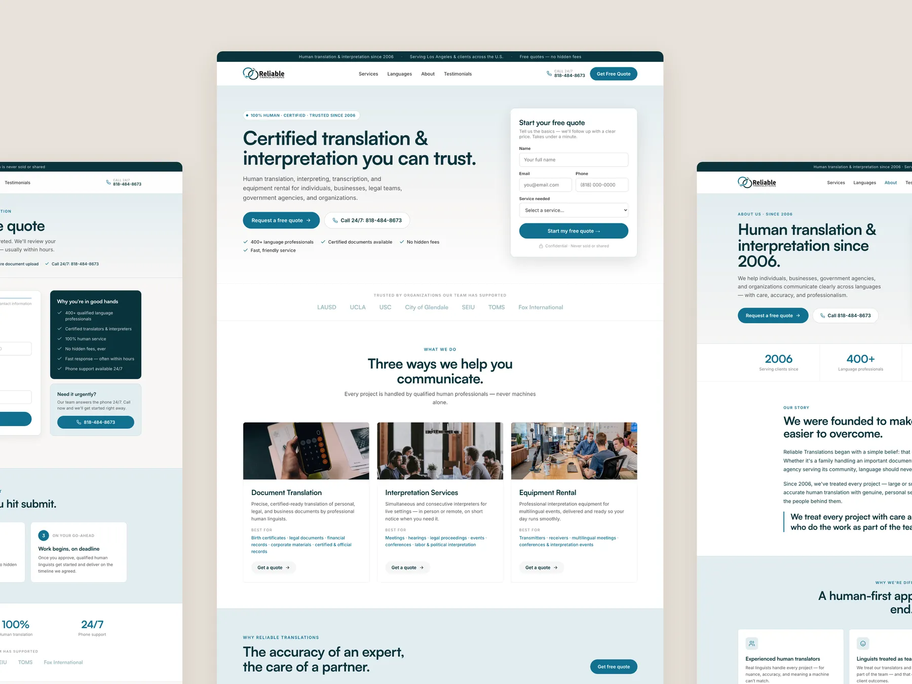 Reliable Translations concept redesign: Homepage centre, quote left, about right