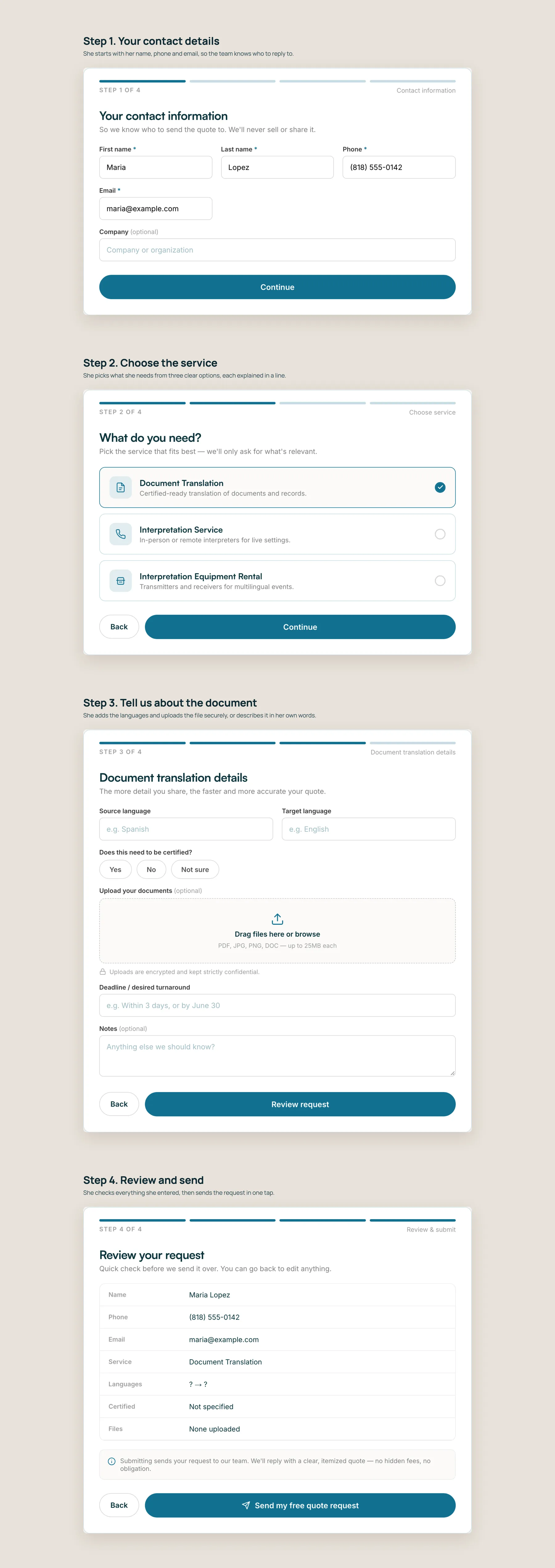 Reliable Translations concept redesign: Request a quote, step by step