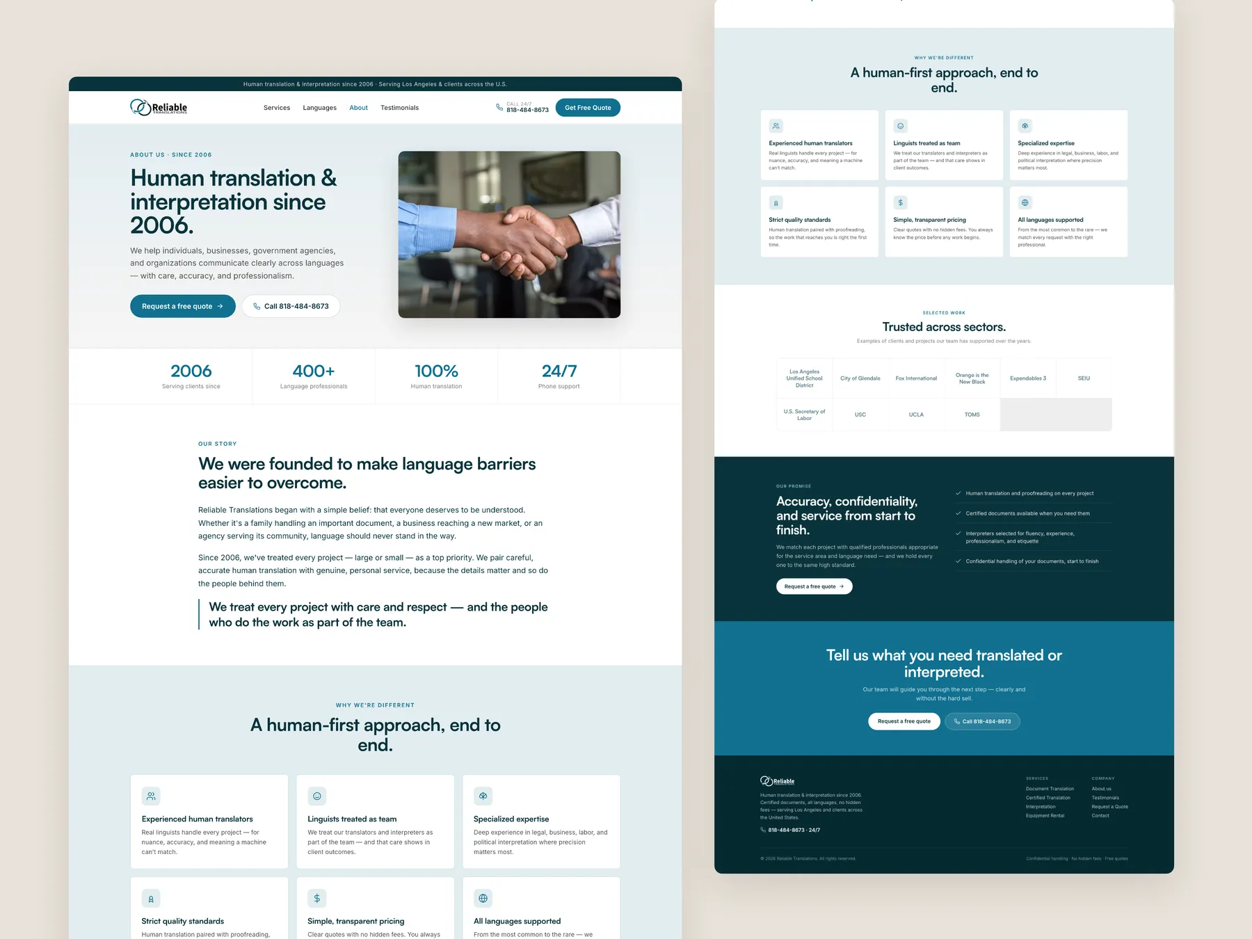 Reliable Translations concept redesign: About page, two tall columns