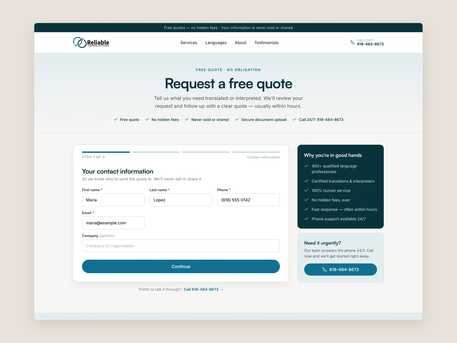 Reliable Translations concept redesign: Quote page first screen: header, intro and form