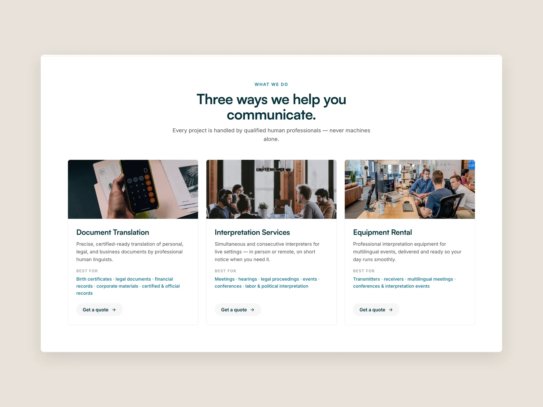Reliable Translations concept redesign: Services section