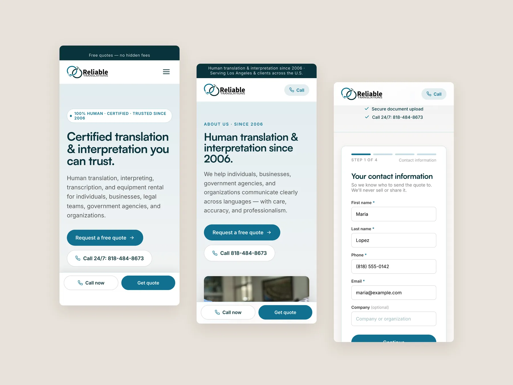 Reliable Translations concept redesign: Three phone screens: home, about, quote