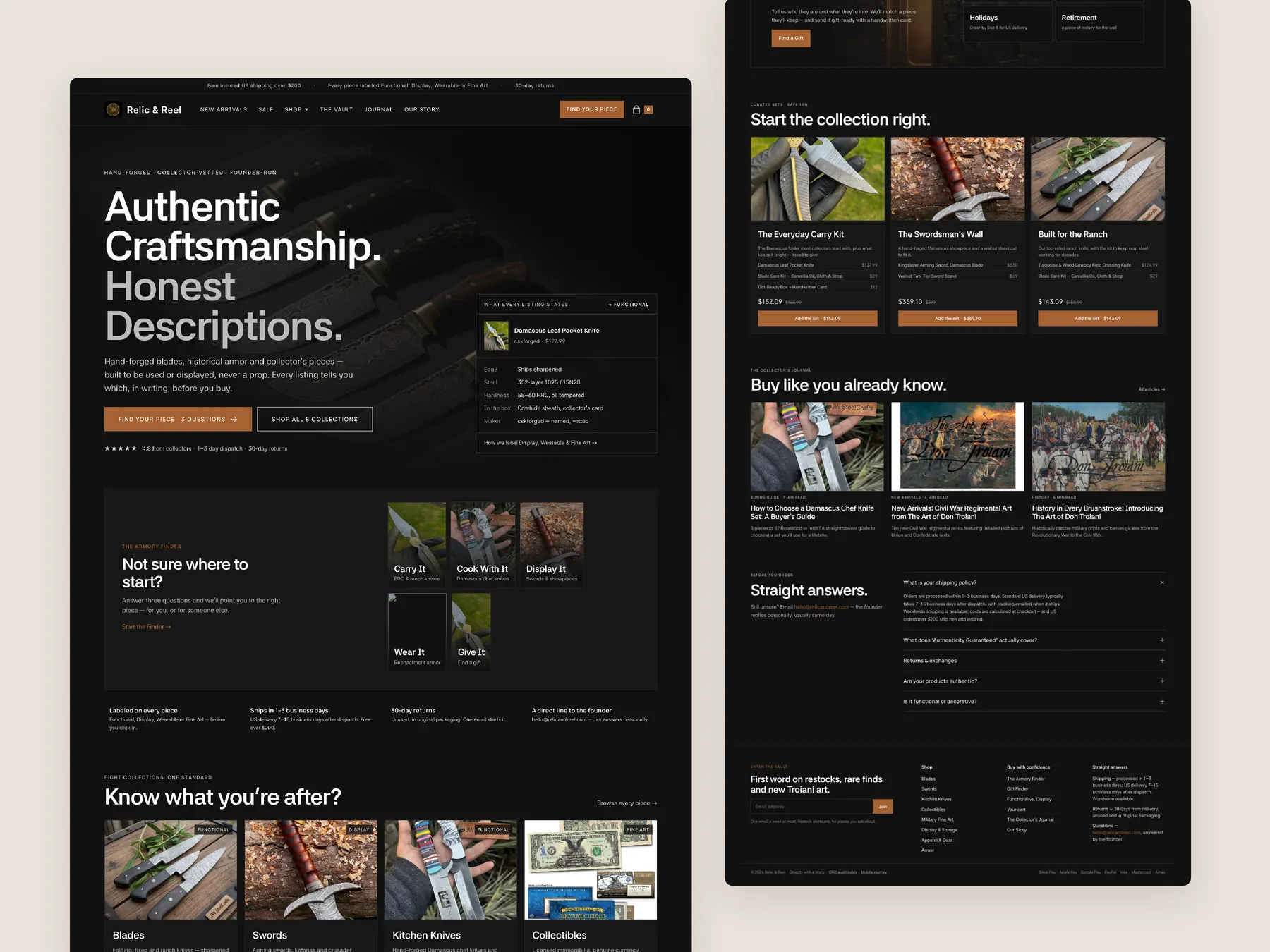 Relic & Reel concept redesign: Homepage, two tall columns