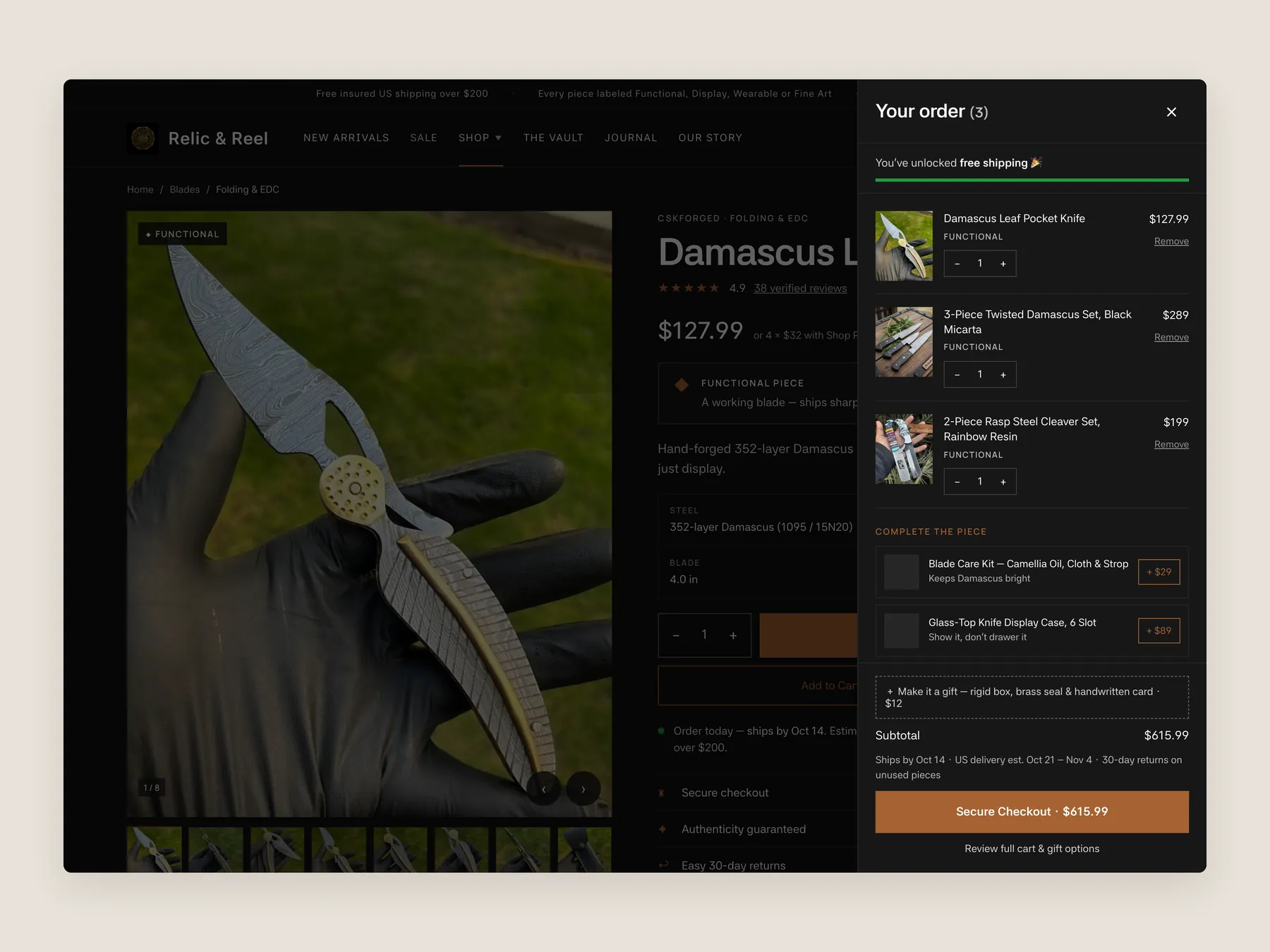 Relic & Reel concept redesign: Bag slide over open over the product page, whole screen