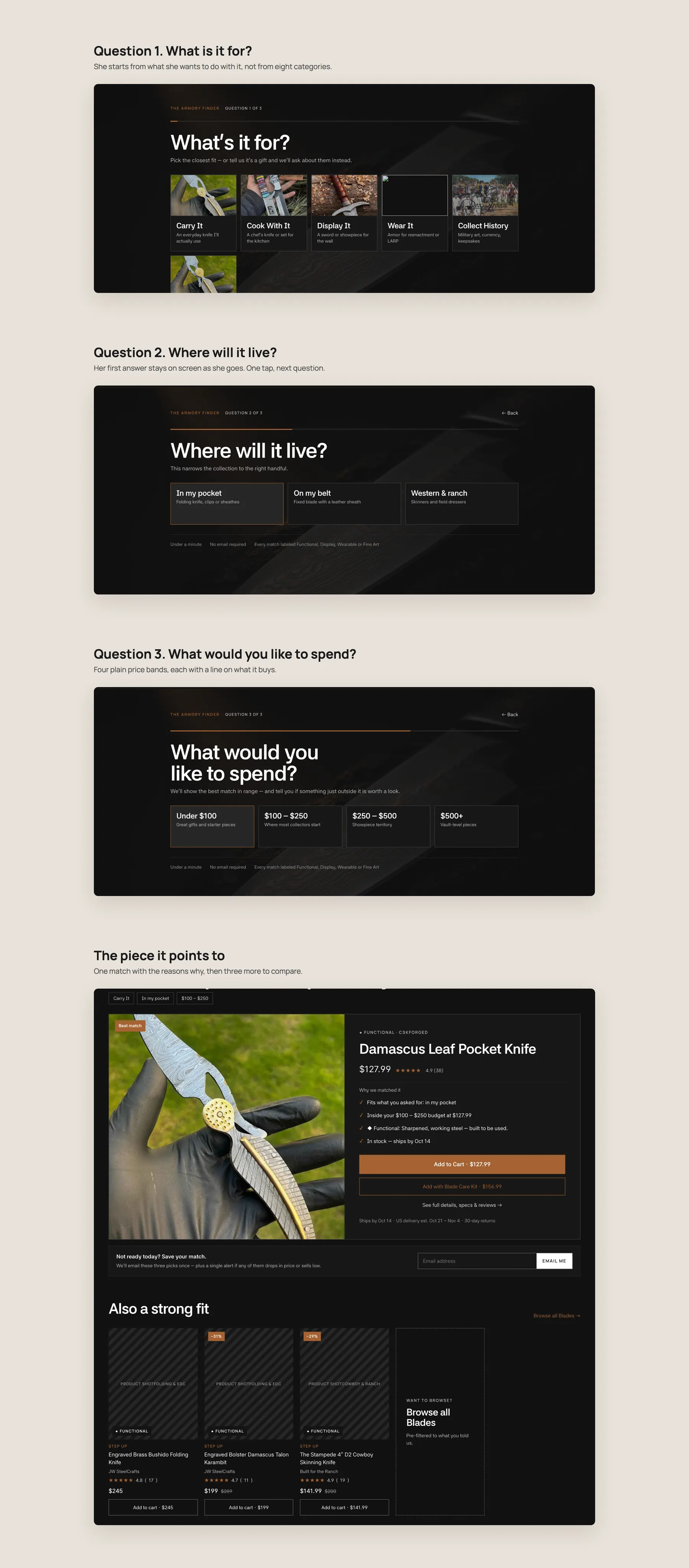 Relic & Reel concept redesign: Armory Finder quiz, step by step