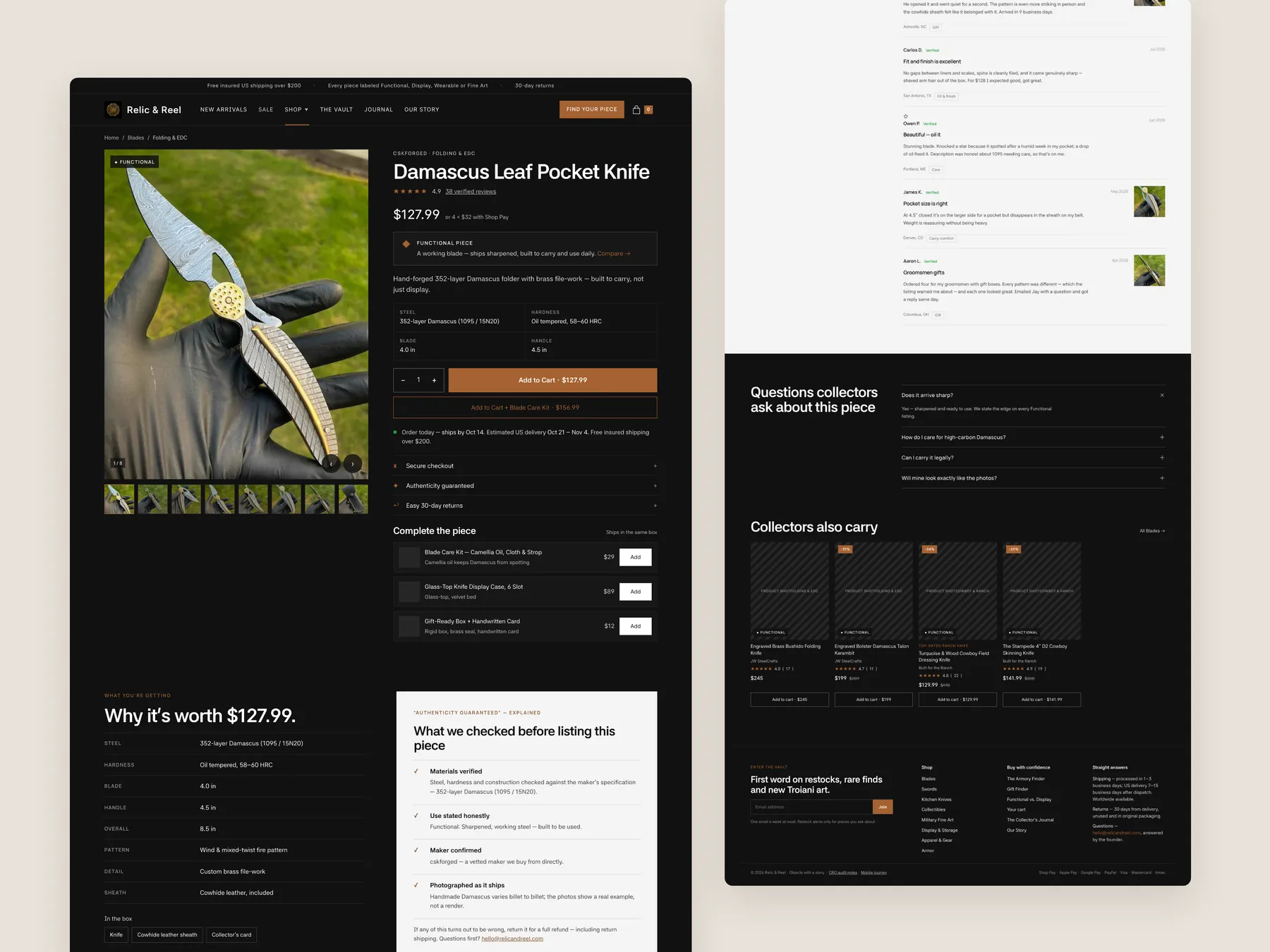 Relic & Reel concept redesign: Product page, two tall columns