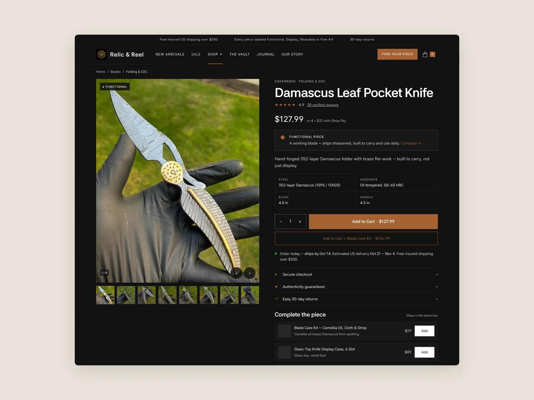 Relic & Reel concept redesign: Product page first screen: header and buy box