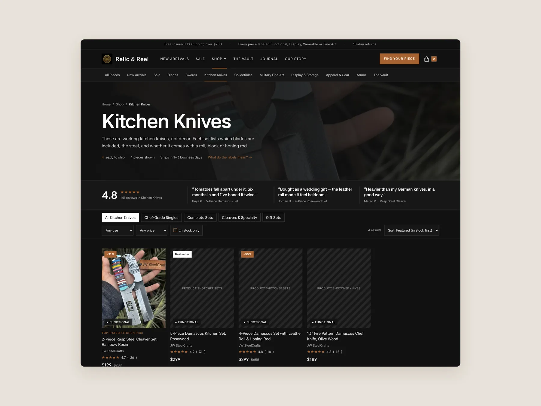 Relic & Reel concept redesign: Collection page first screen: header, filters, first row