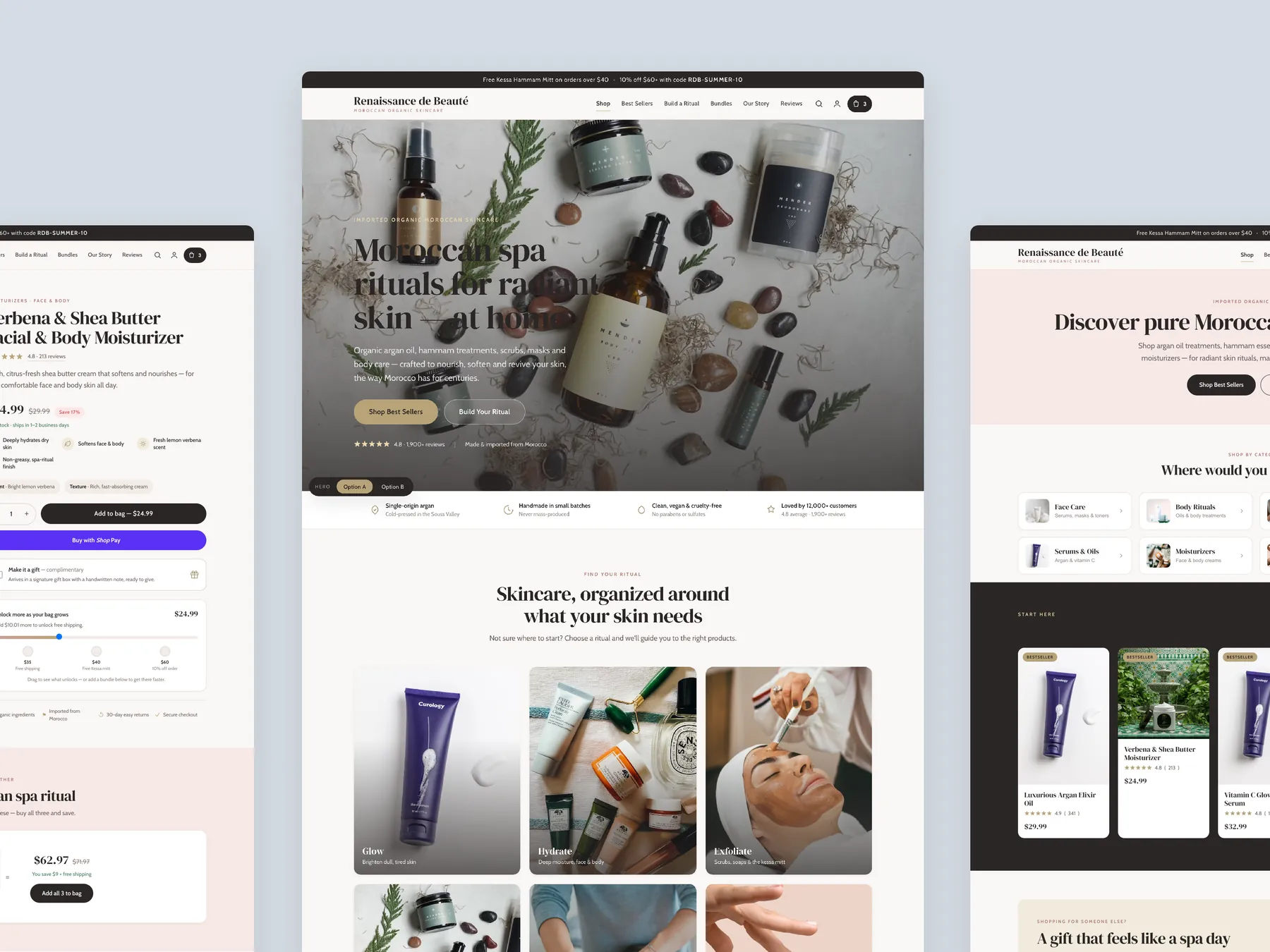 Renaissance de Beaute concept redesign: Homepage centre, product left, collection right
