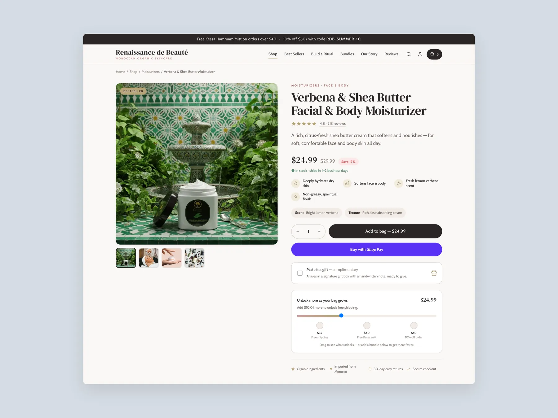 Renaissance de Beaute concept redesign: Product page first screen: header and buy box