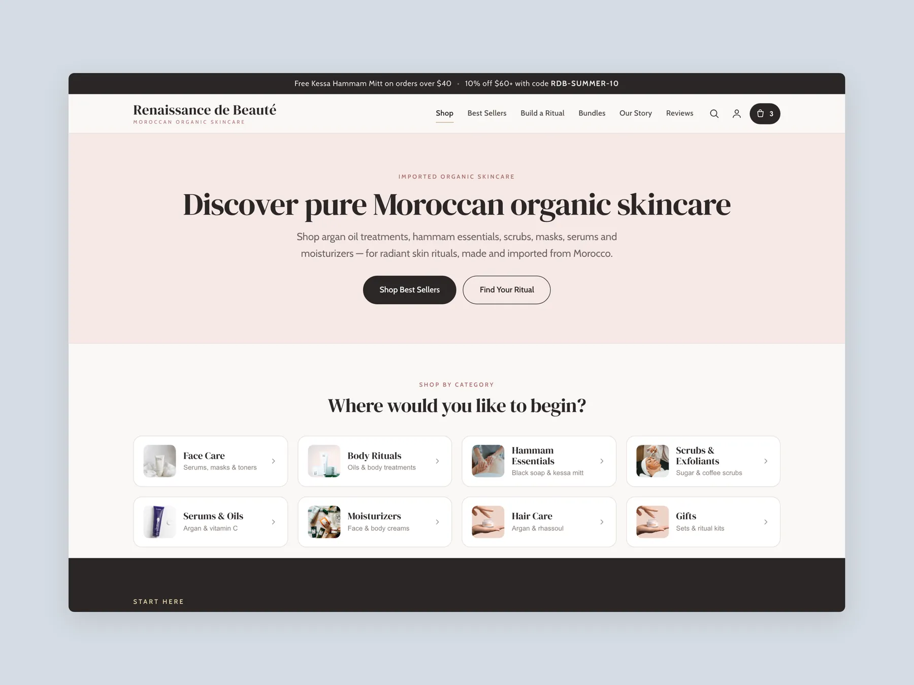 Renaissance de Beaute concept redesign: Shop page first screen: header, categories