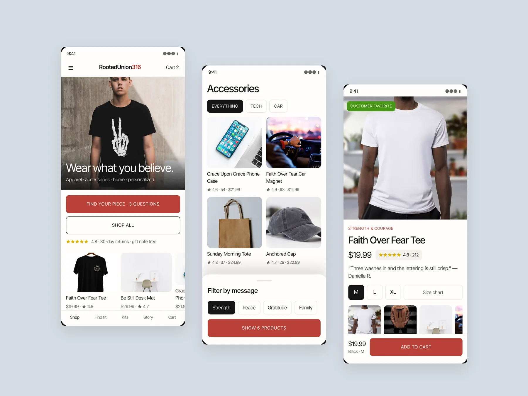 Rick Cuza Entertainment concept redesign: Three phone screens: home, collection, product