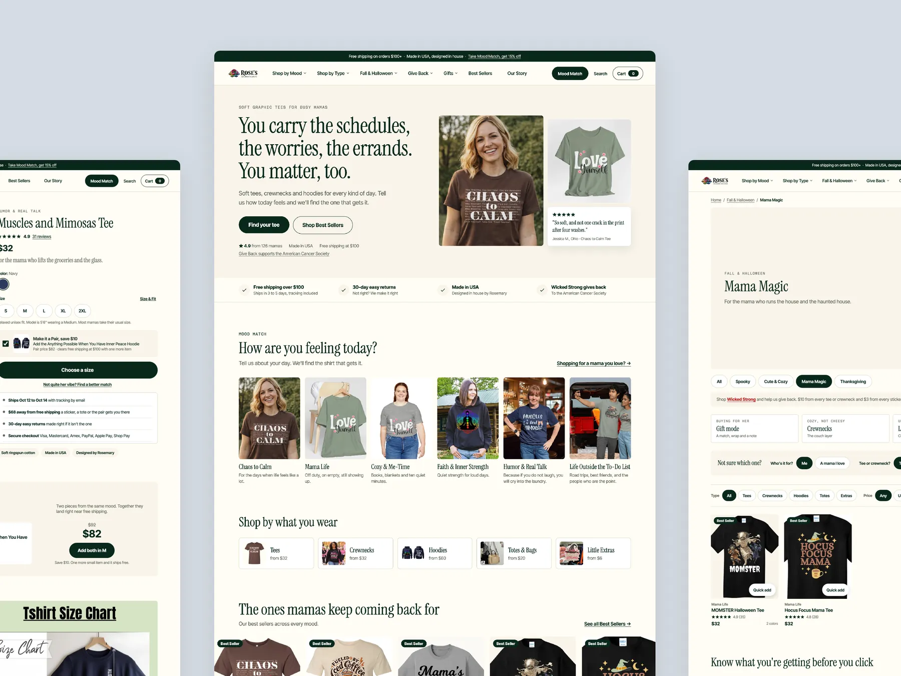 Rose's Colored Designs concept redesign: Homepage centre, product left, collection right