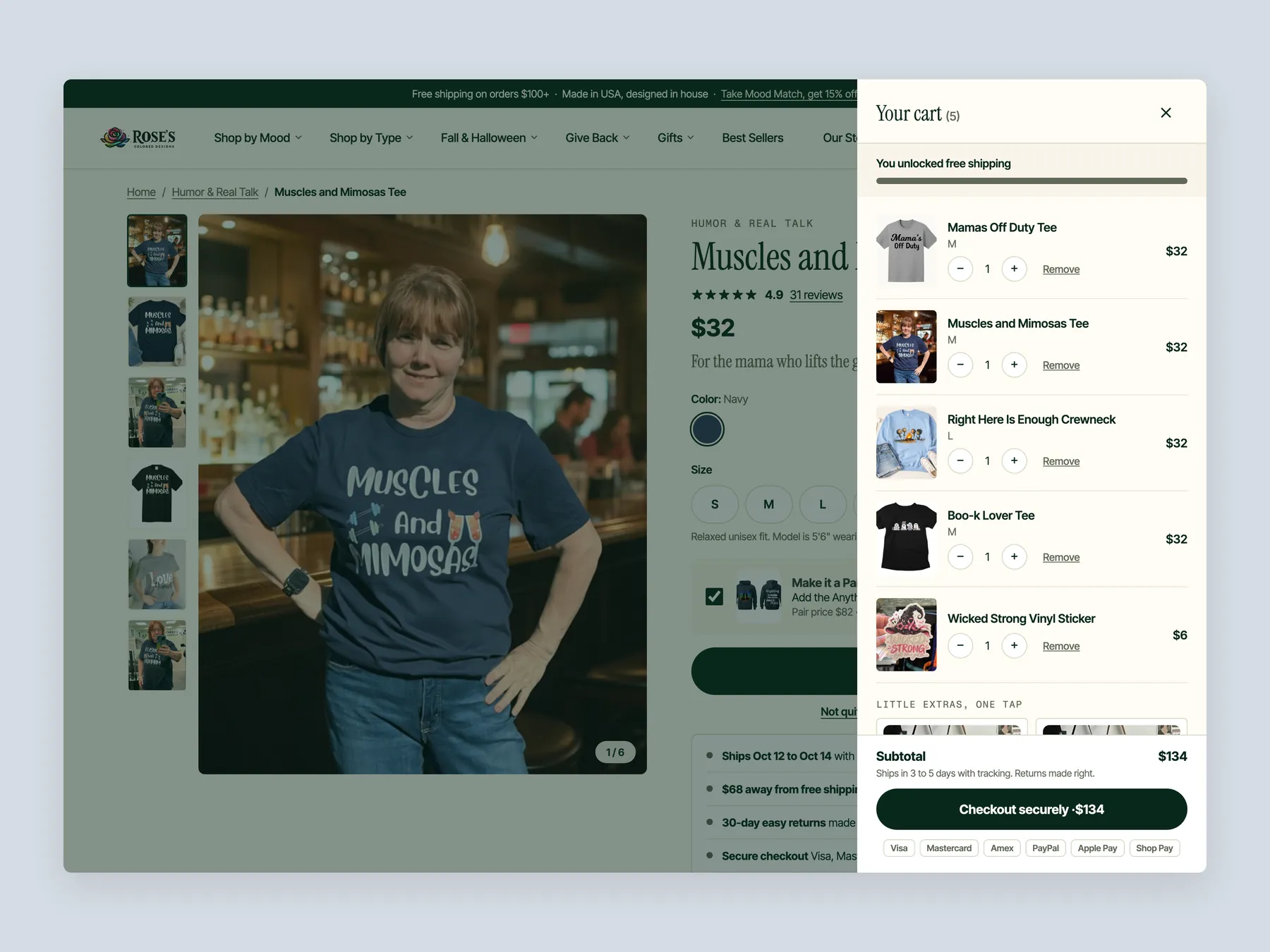 Rose's Colored Designs concept redesign: Cart slide over open over the product page, whole screen