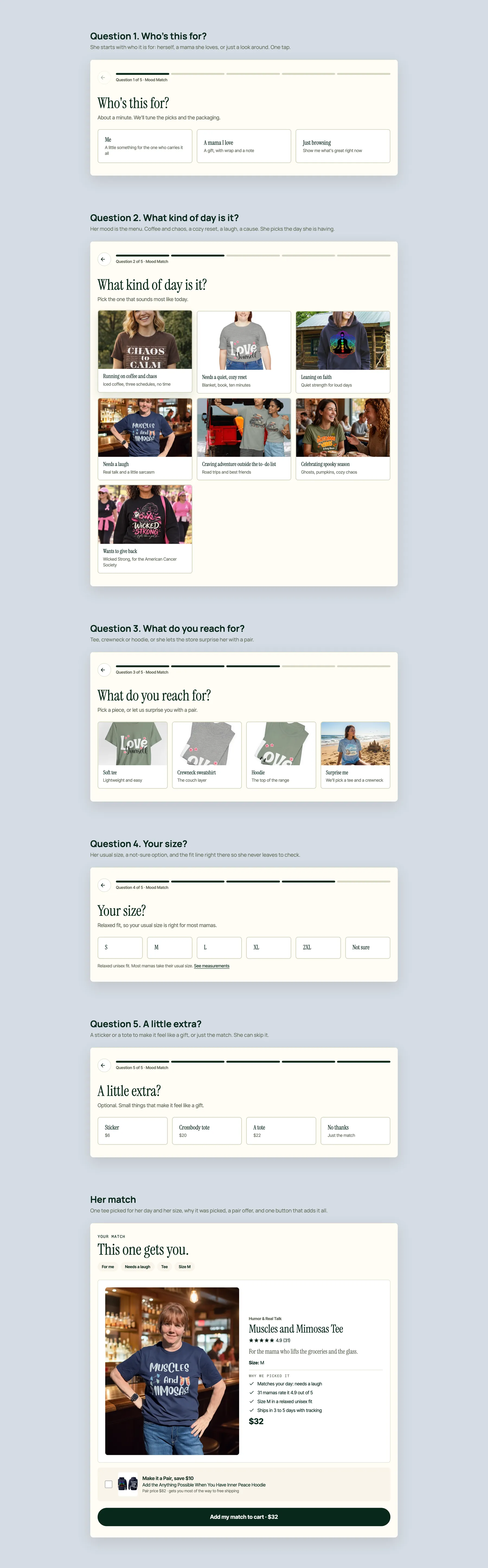 Rose's Colored Designs concept redesign: Mood Match quiz, step by step