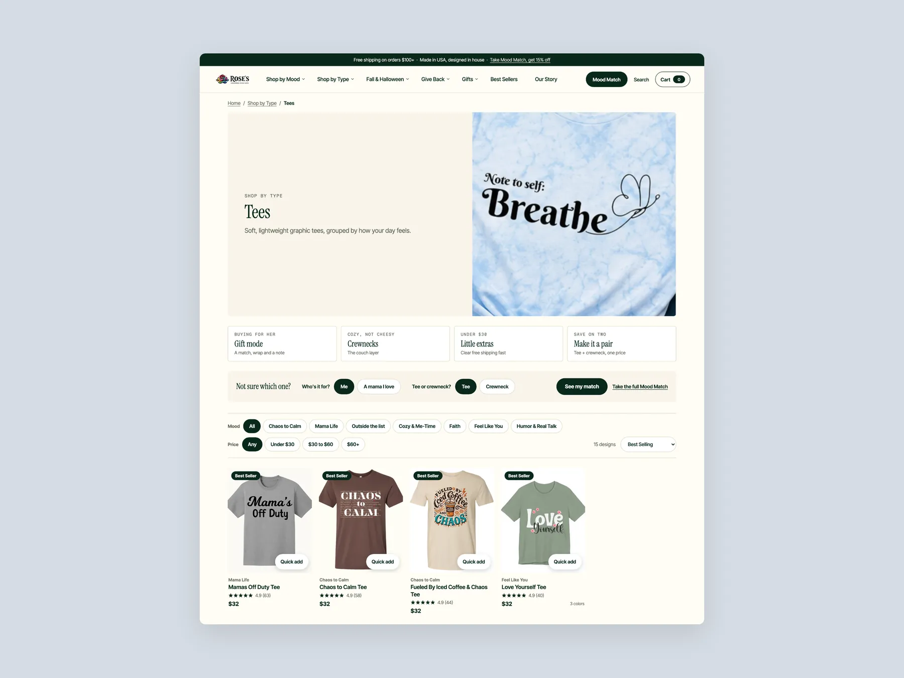 Rose's Colored Designs concept redesign: Collection page first screen: header, banner, Mood Match strip, filters, first row