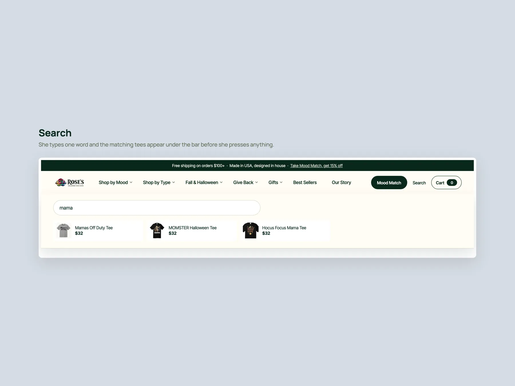 Rose's Colored Designs concept redesign: Search: the bar with its inline results