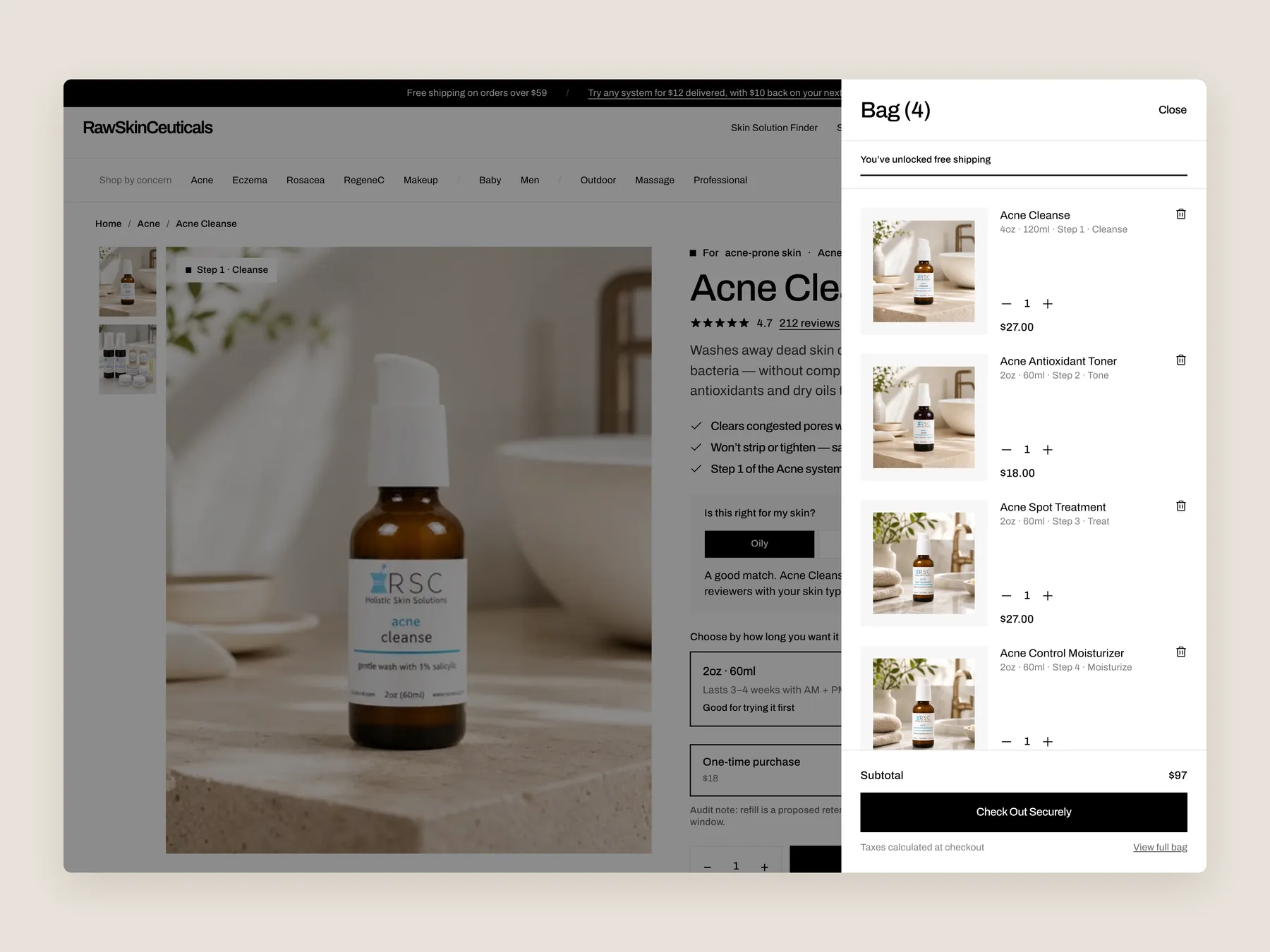 RSC Naturals concept redesign: Bag slide over open over the product page, whole screen