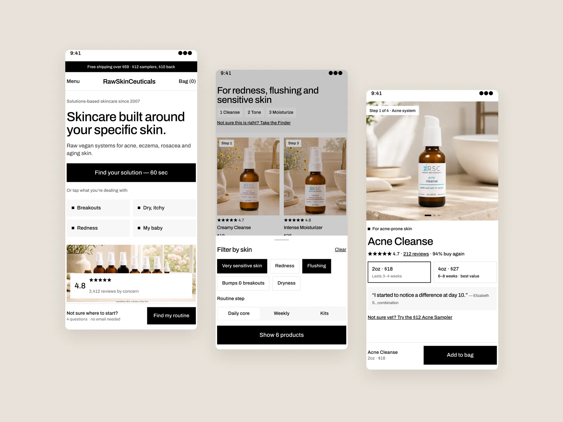 RSC Naturals concept redesign: Three phone screens: home, collection, product