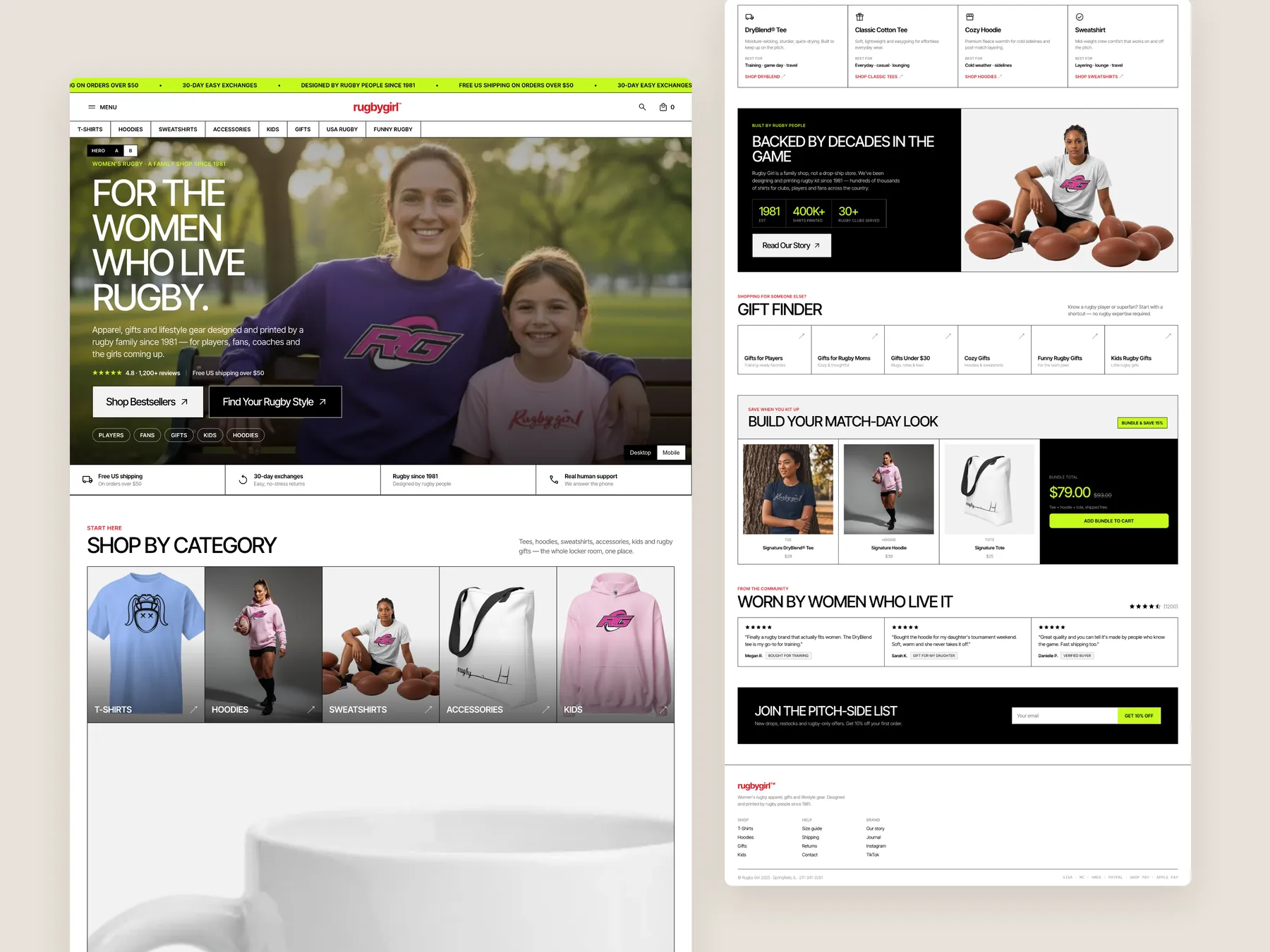 Rugby Girl concept redesign: Homepage, two tall columns