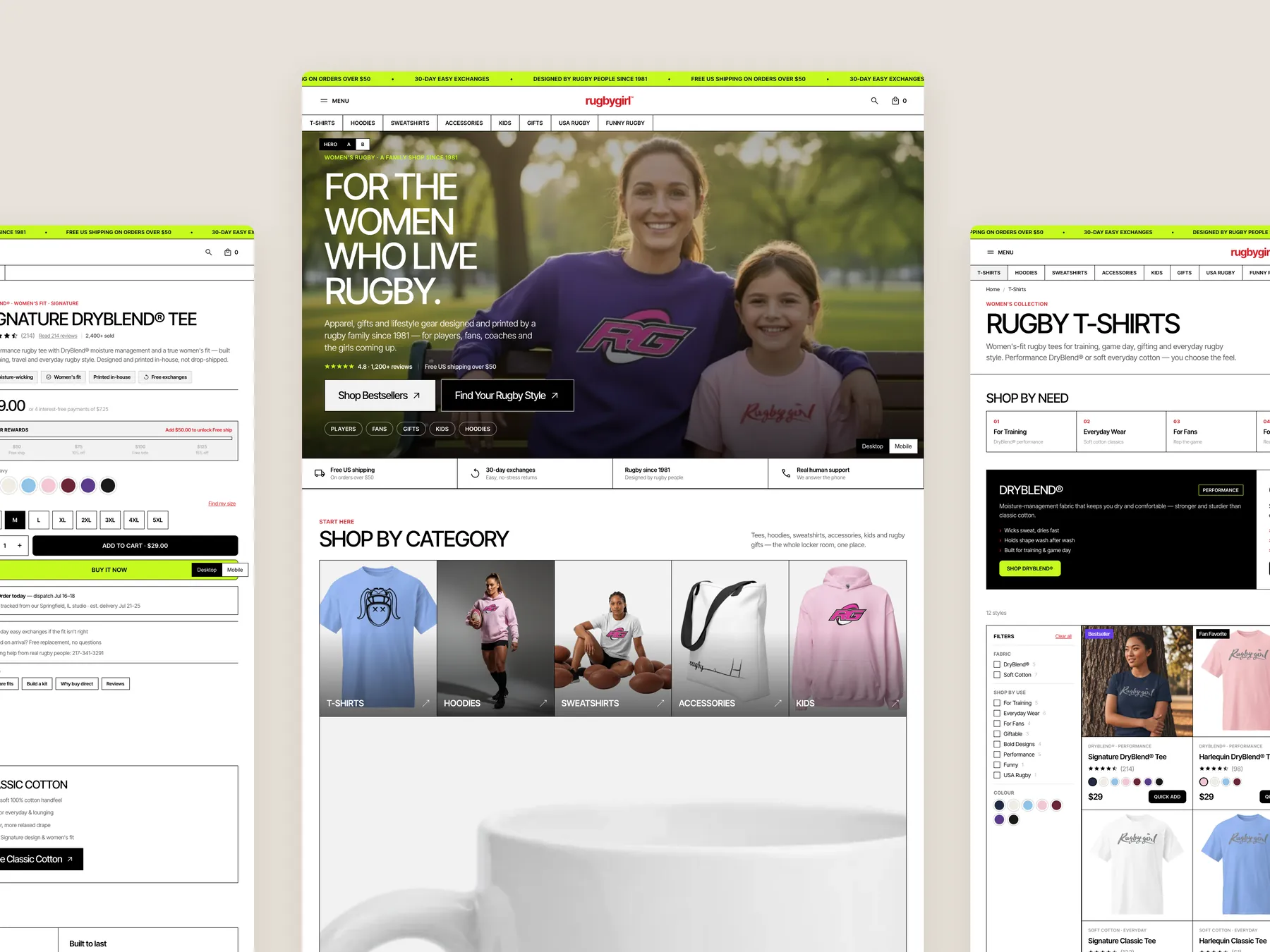 Rugby Girl concept redesign: Homepage centre, product left, collection right
