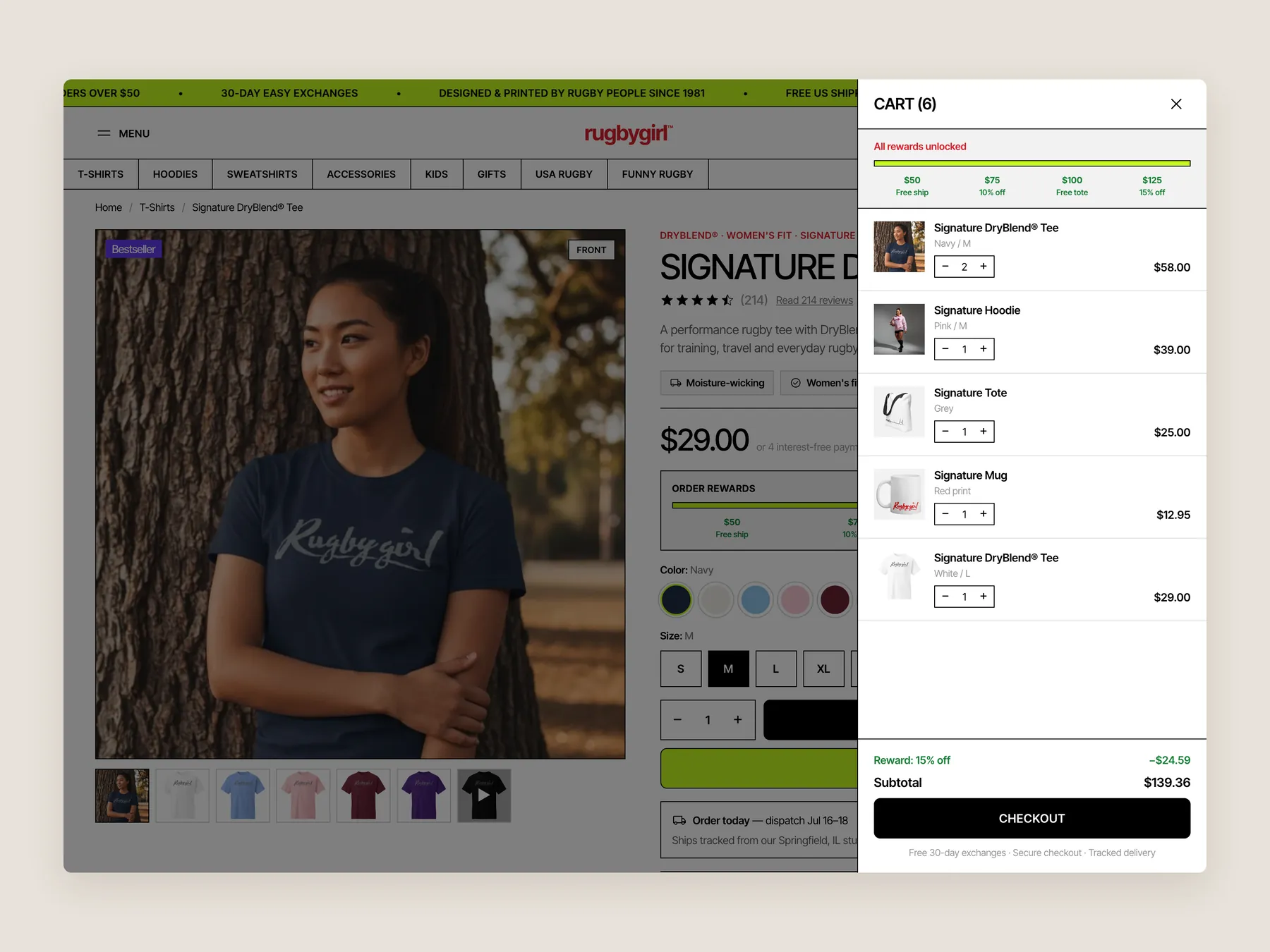 Rugby Girl concept redesign: Bag slide over open over the product page, whole screen